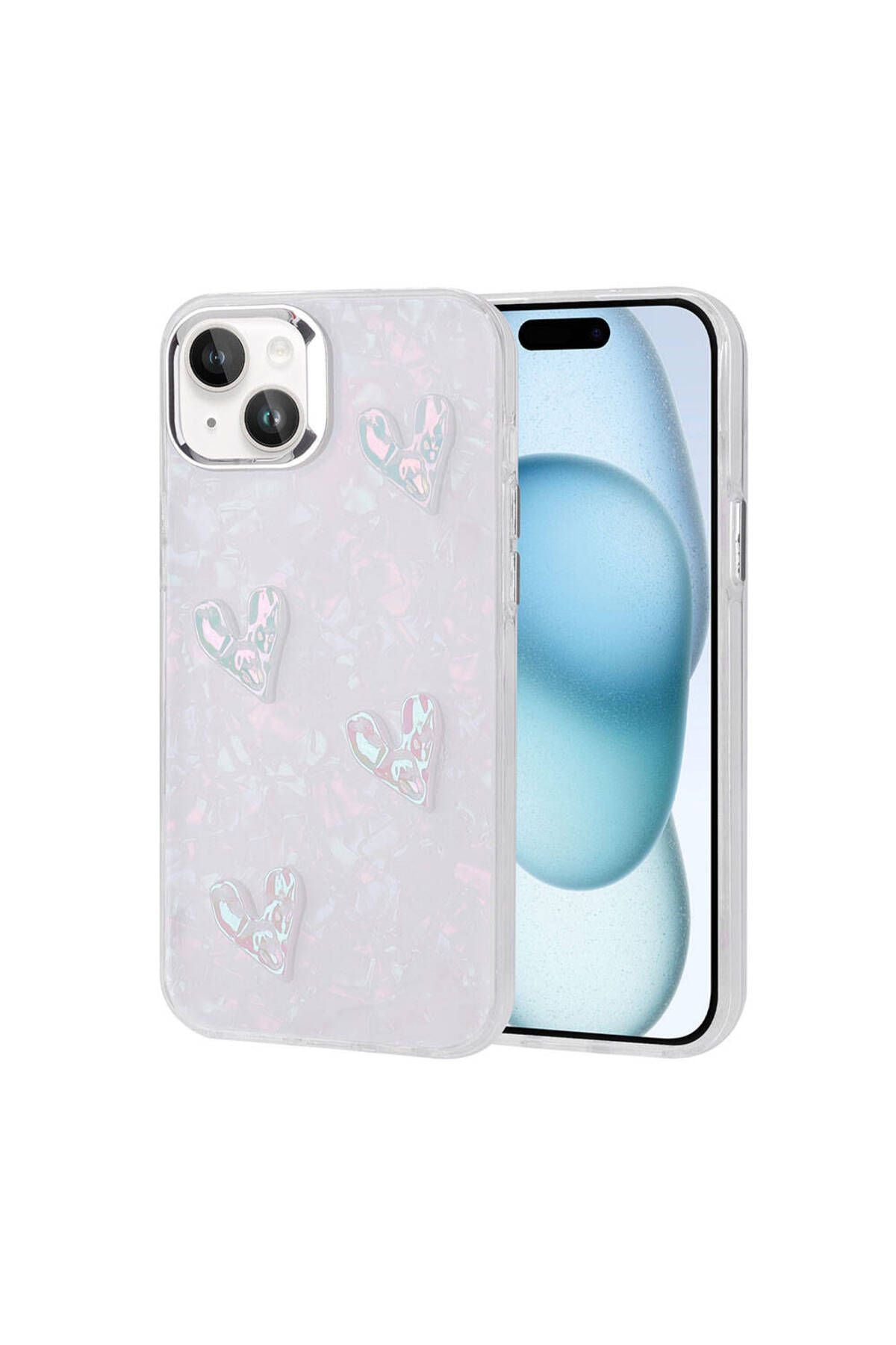 iPhone 15 Plus Uyumlu Kabartma Figürlü Parlak Zore Eralli Silikon Kapak-Kalp