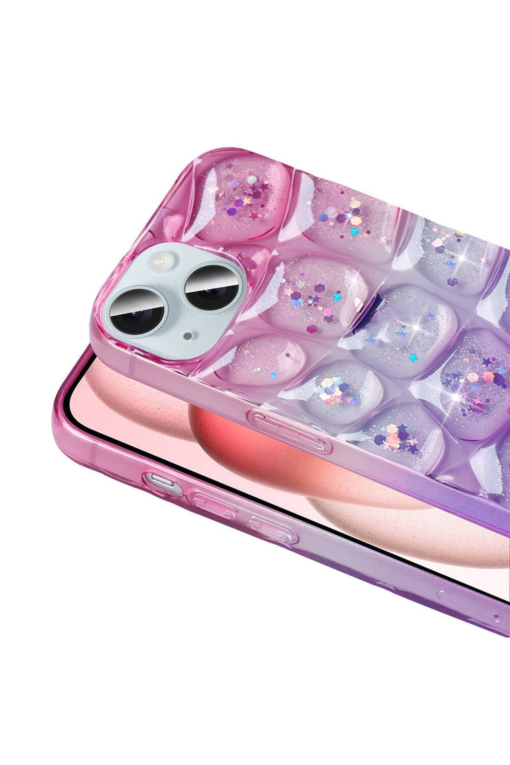 iPhone 14 Uyumlu ODC Kılıf Simli 3D Desenli Zore Hacar Kapak-Pembe-Mavi