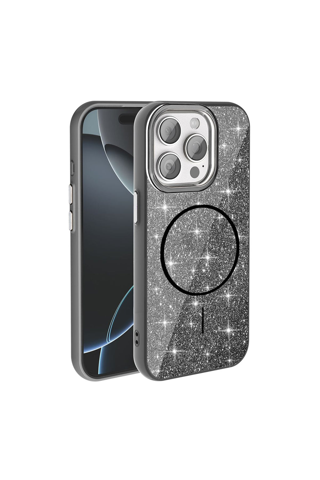 iPhone 15 Pro Kılıf Magsafe Şarj Özellikli Parlayan Simli Zore Okso Kapak - Siyah