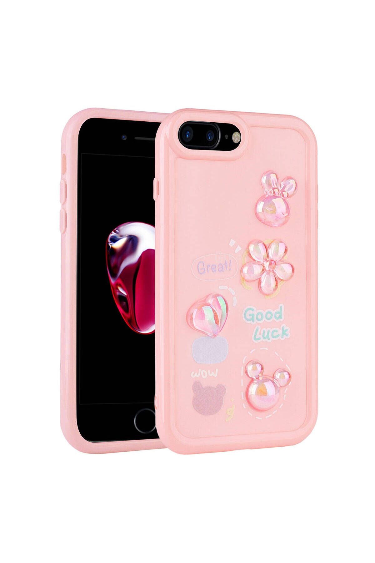 iPhone 8 Plus Kılıf Kabartma Figürlü Parlak AKAV Toys Silikon Kapak - Pembe
