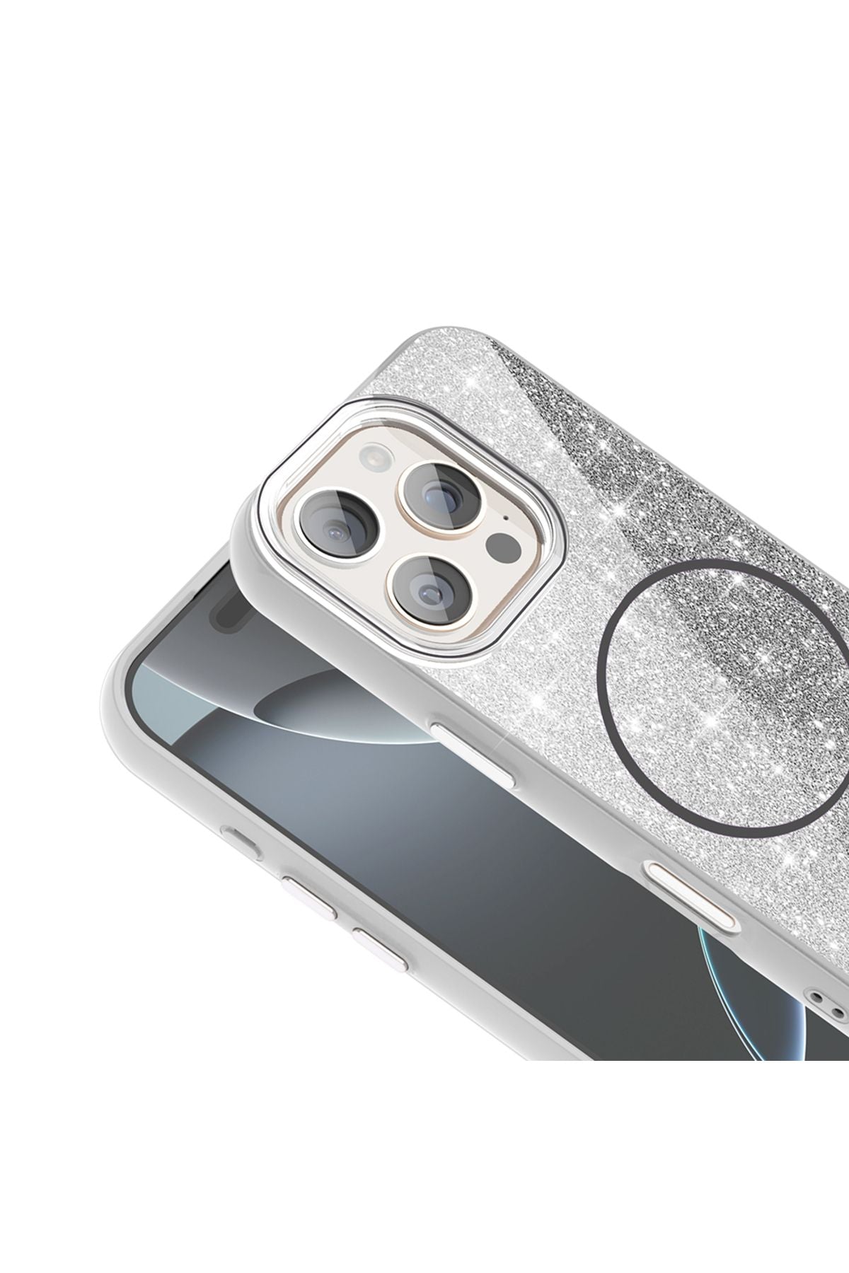 iPhone 16 Pro Max Kılıf Magsafe Şarj Özellikli Parlayan Simli Zore Okso Kapak - Beyaz