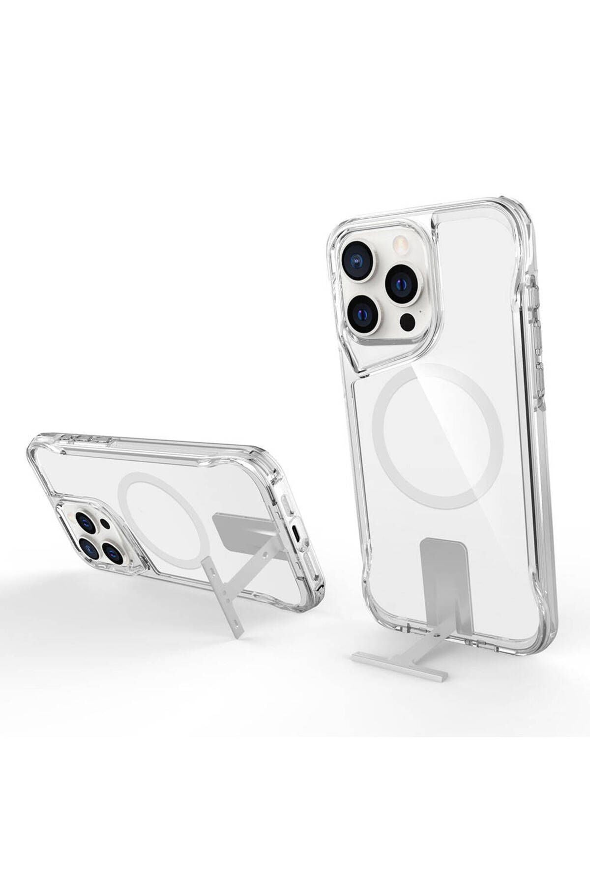 iPhone 15 Pro Uyumlu Magsafe Şarj Özellikli Zore T-Max Standlı Kılıf-Renksiz