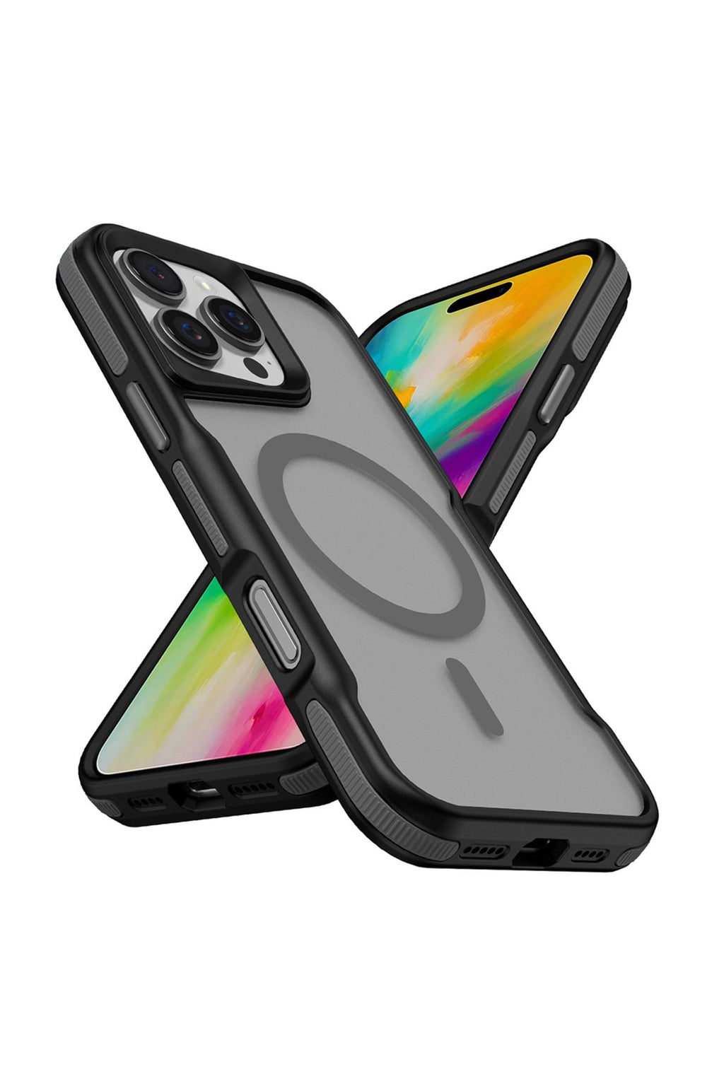 iPhone 16 Pro Max Uyumlu Magsafe Şarj Özellikli Renkli Kenar Airbag Şeritli Zore Lamer Kapak-Siyah