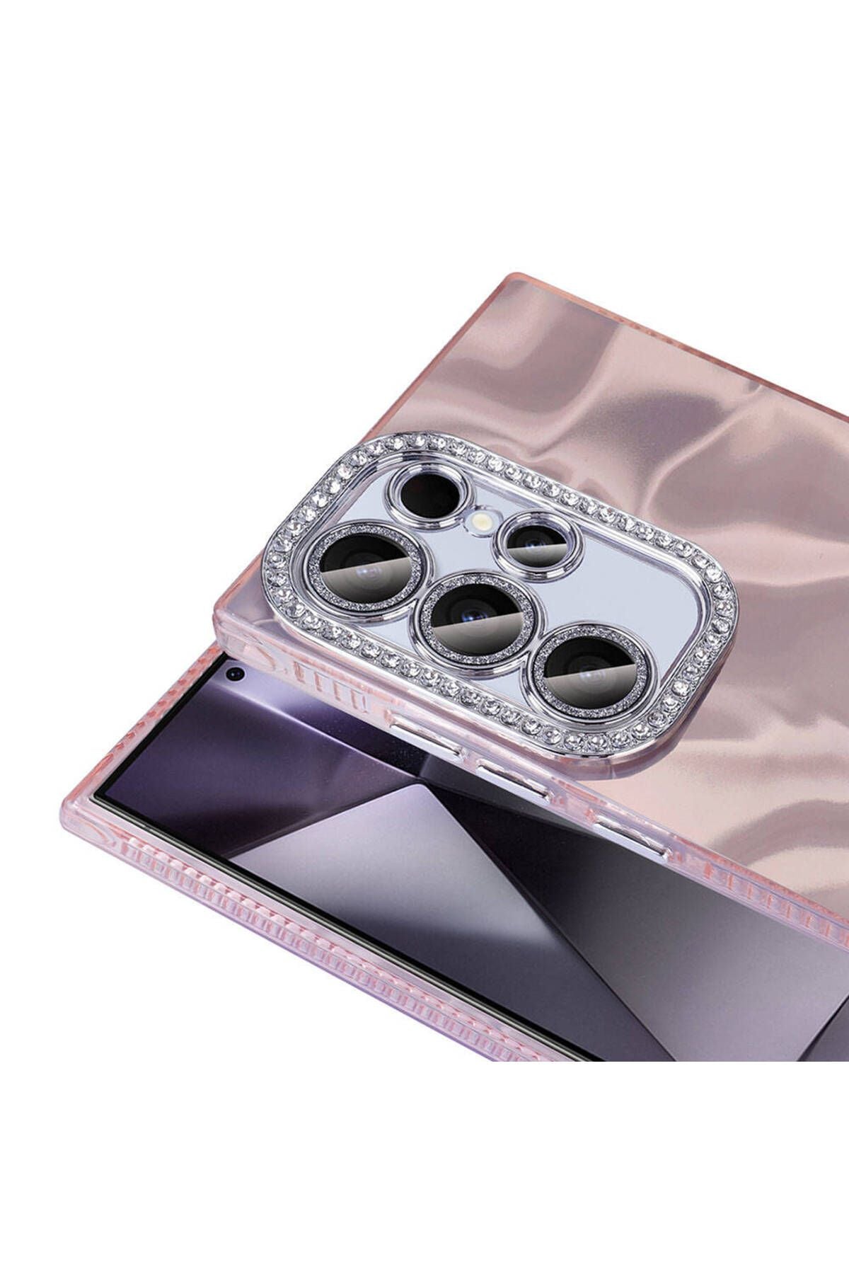 Galaxy S23 Ultra Kılıf Airbagli Parlak Taş Detay Tasarımlı Zore Esila Kapak - Pembe