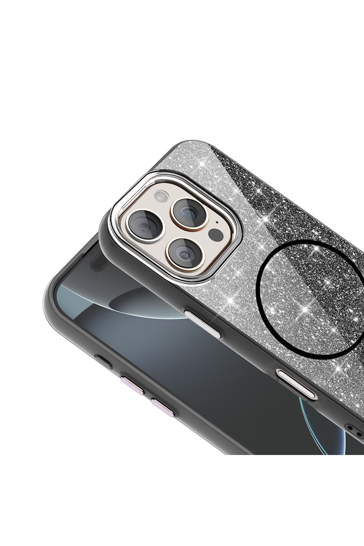 iPhone 16 Pro Kılıf Magsafe Şarj Özellikli Parlayan Simli Zore Okso Kapak - Siyah