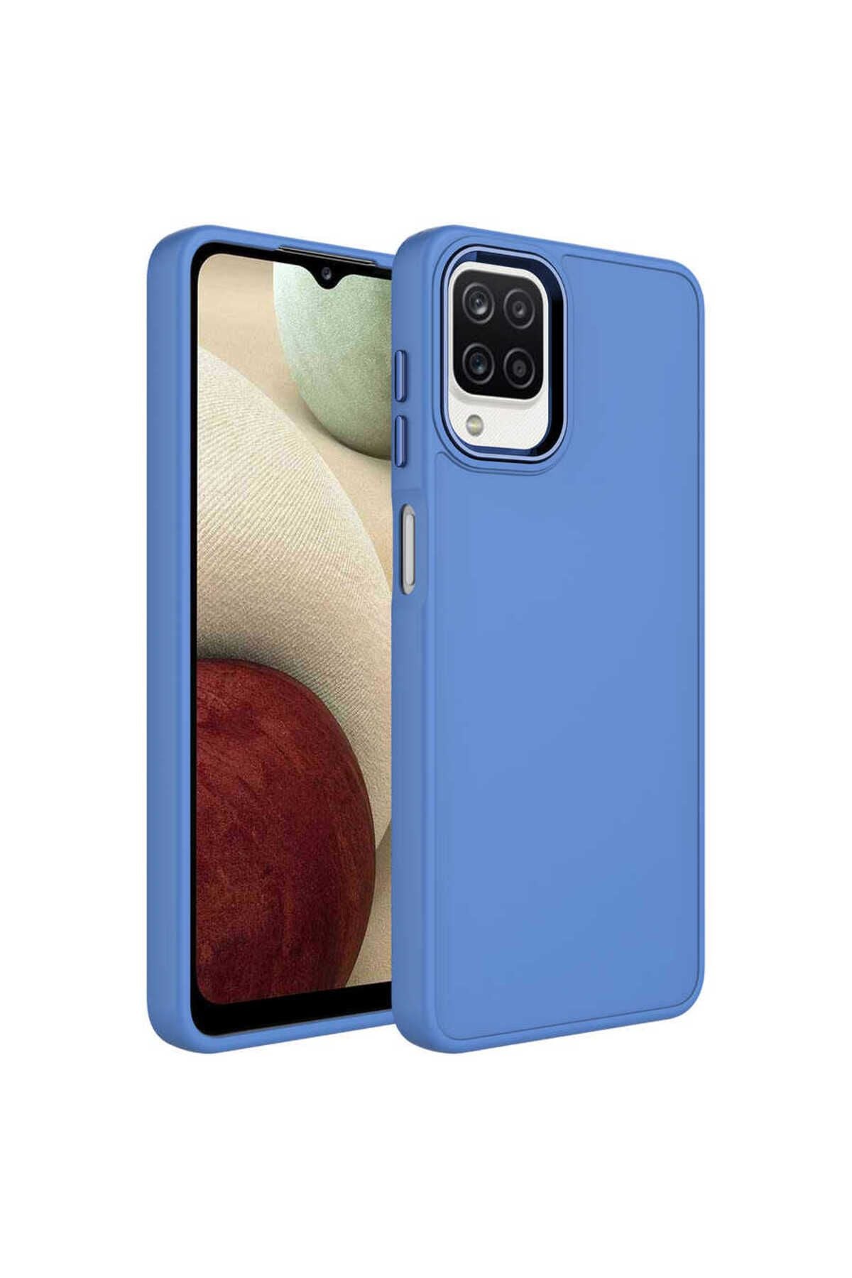 Galaxy A22 4G Kılıf Metal Çerçeve ve Buton Tasarımlı Silikon Zore Luna Kapak - Lavendery Gray