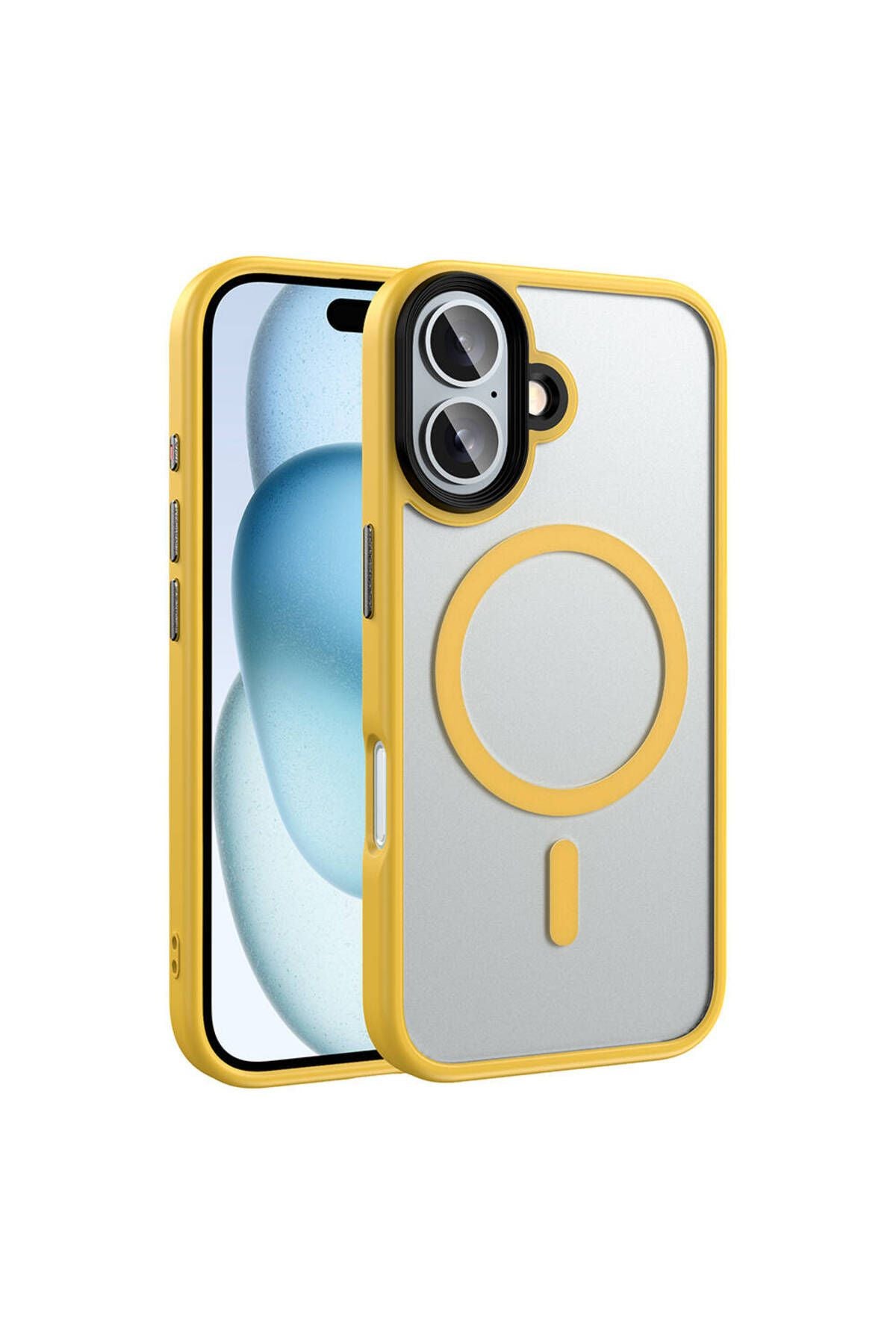 Apple iPhone 16 Kılıf Mat Arka Yüzey Wireless Şarj Özellikli Zore Flet Magsafe Kapak-Sarı