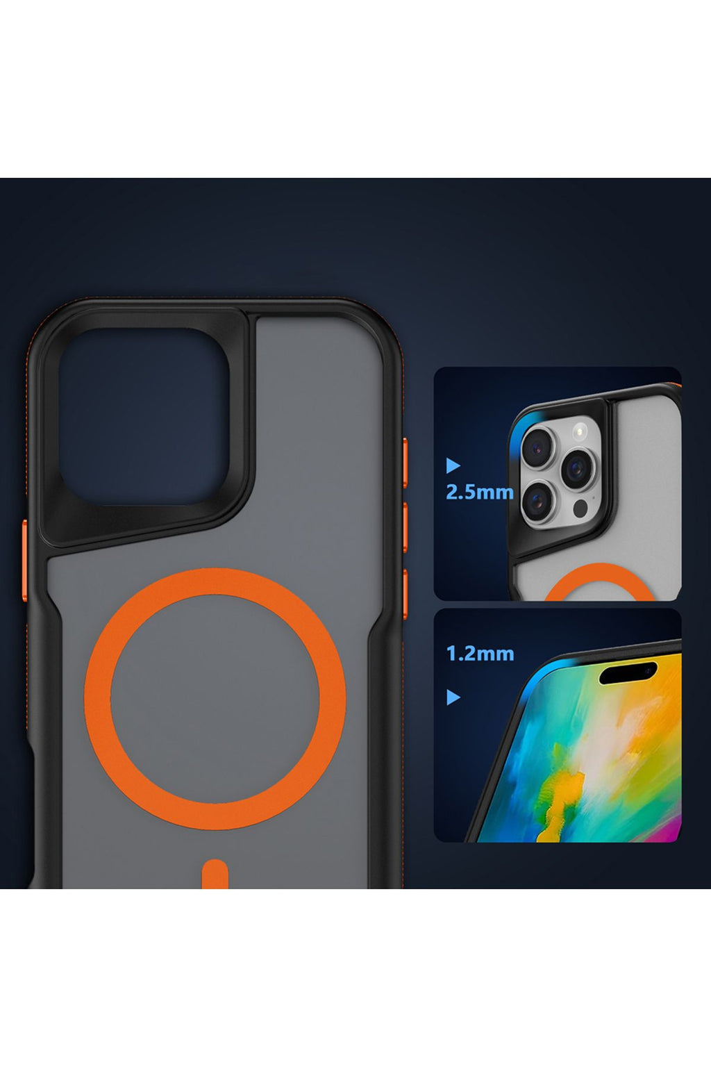 iPhone 16 Pro Max Uyumlu Magsafe Şarj Özellikli Renkli Kenar Airbag Şeritli Zore Lamer Kapak-Siyah