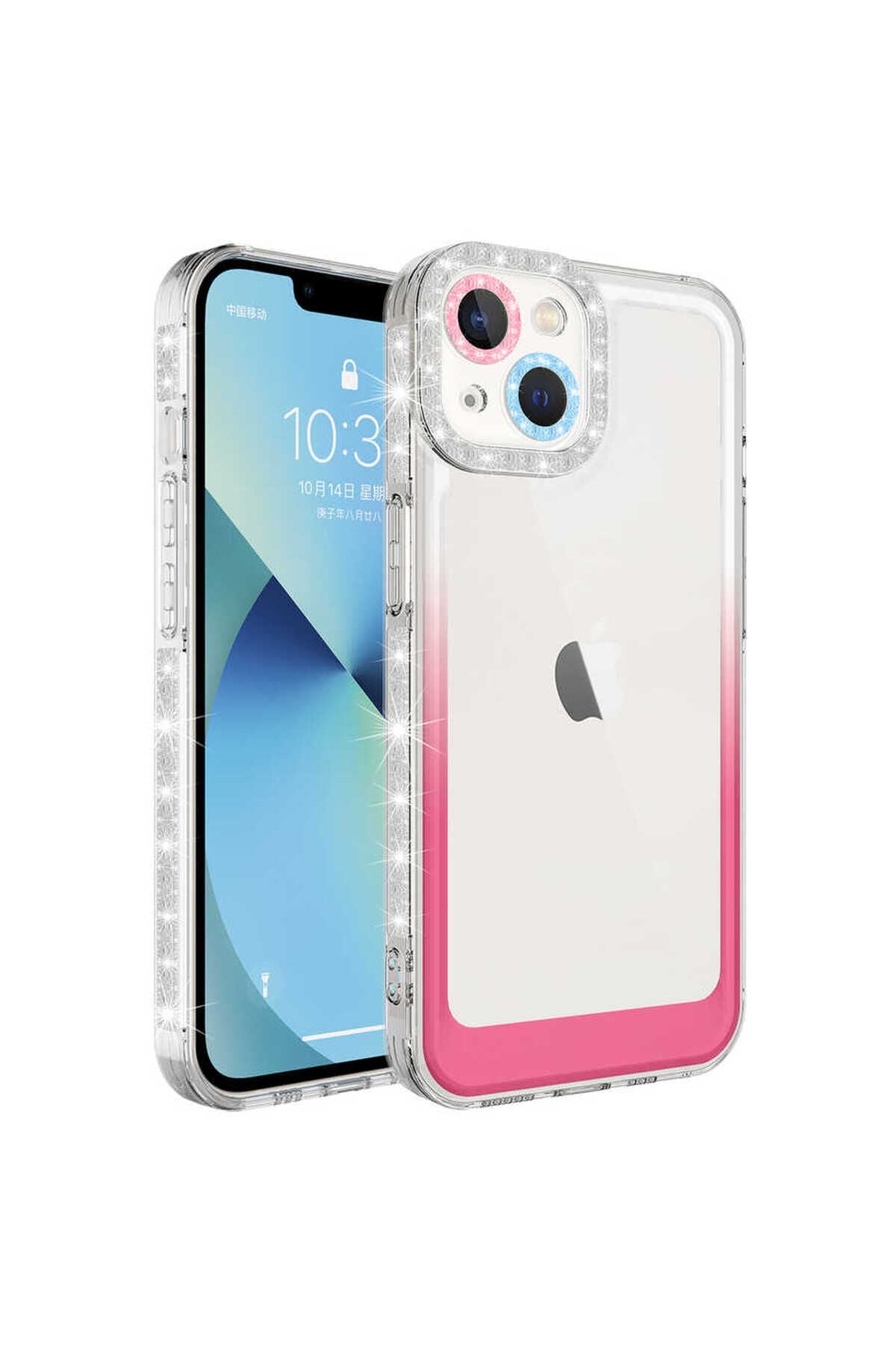 iPhone 14 Uyumlu Simli ve Renk Geçiş Tasarımlı LZore Korumalı Zore Park Kılıf-Beyaz-Pembe