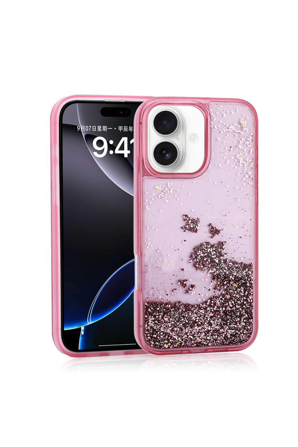 iPhone 16 Kılıf Sıvılı Simli Şeffaf Arka Yüzey Zore Keto Silikon Kapak - Pembe