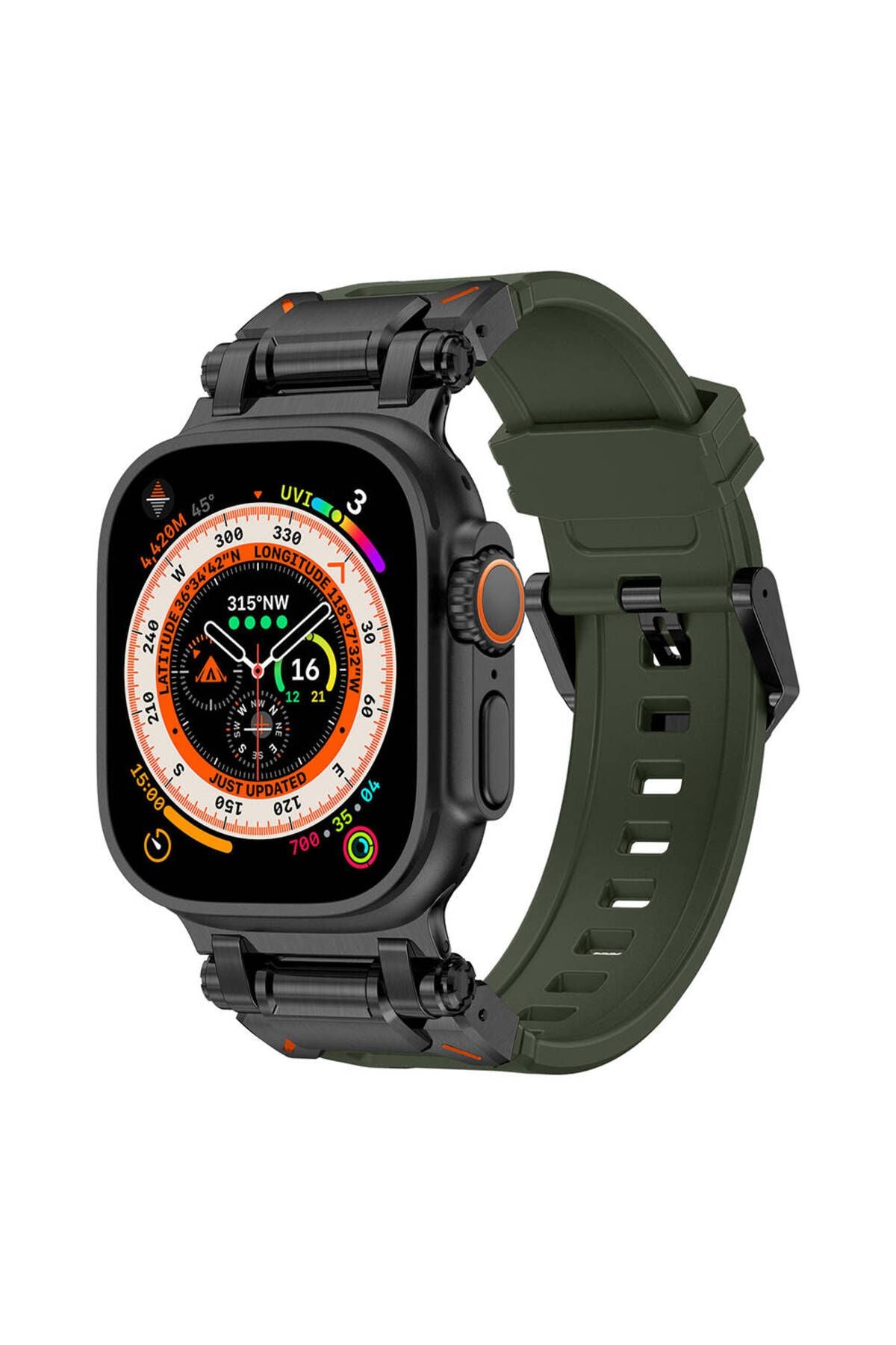 Watch Ultra 49mm CLO- KRD-101 Titanyum Metal Başlıklı Silikon Kordon-Siyah