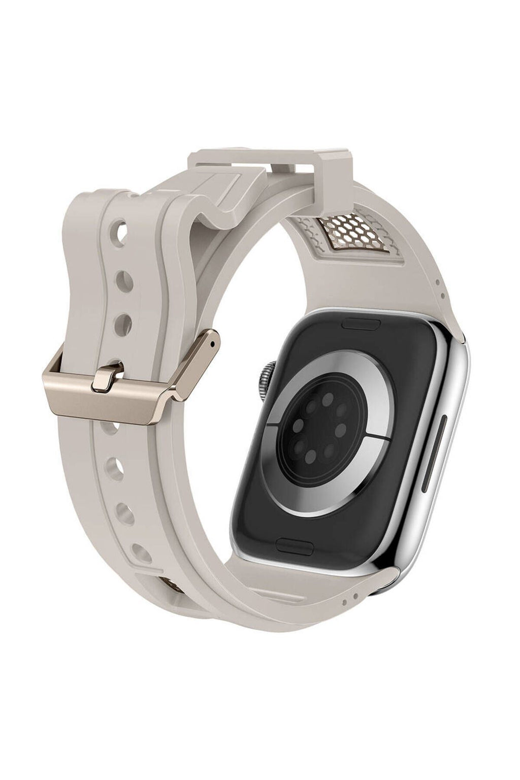 Apple Watch 44mm Zore KRD-117 Hava Alabilen Delikli Metal Süslemeli Desenli Silikon Kordon-Titanyum-