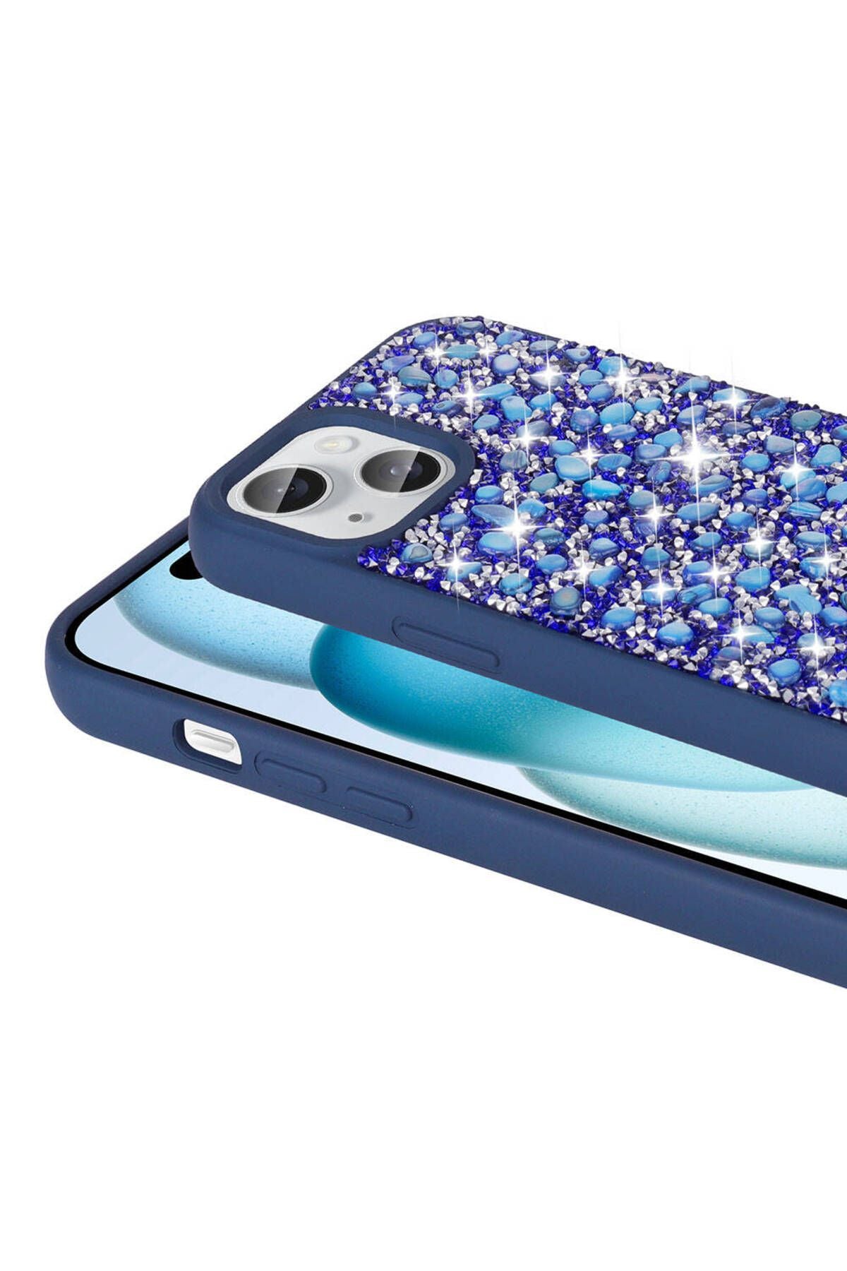 iPhone 15 Uyumlu Parlak Taşlı Tasarım CSM Zore Linea Kılıf-Lacivert