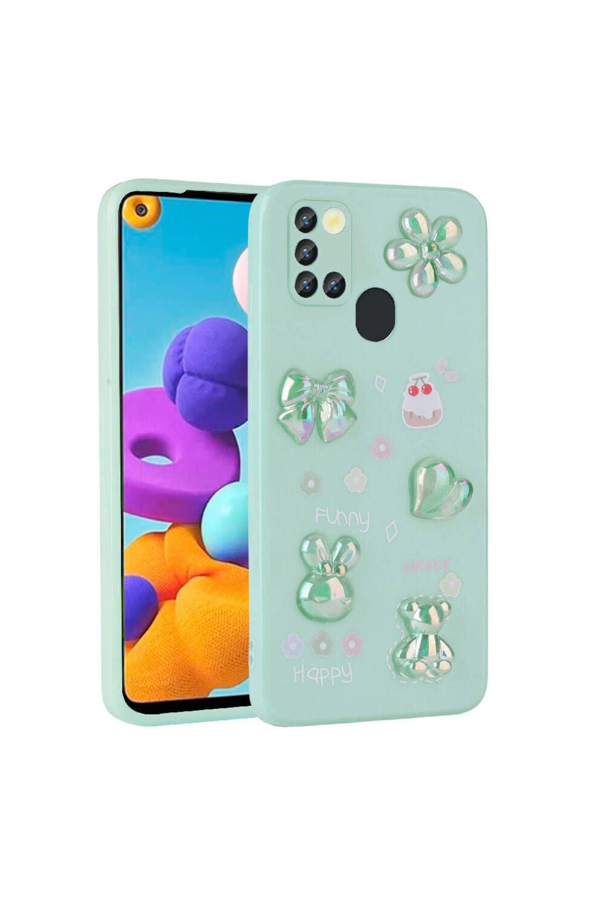 Galaxy A21S Kılıf Kabartma Figürlü Parlak Zore Toys Silikon Kapak - Açık Yeşil
