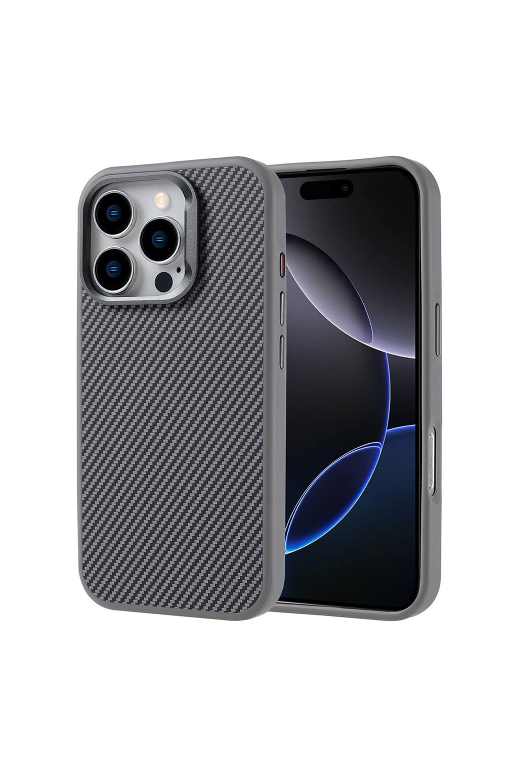 iPhone 16 Pro Max Kılıf Magsafe Şarj Özellikli Karbon Fiber Görünümlü Zore Troy Kapak-Gümüş