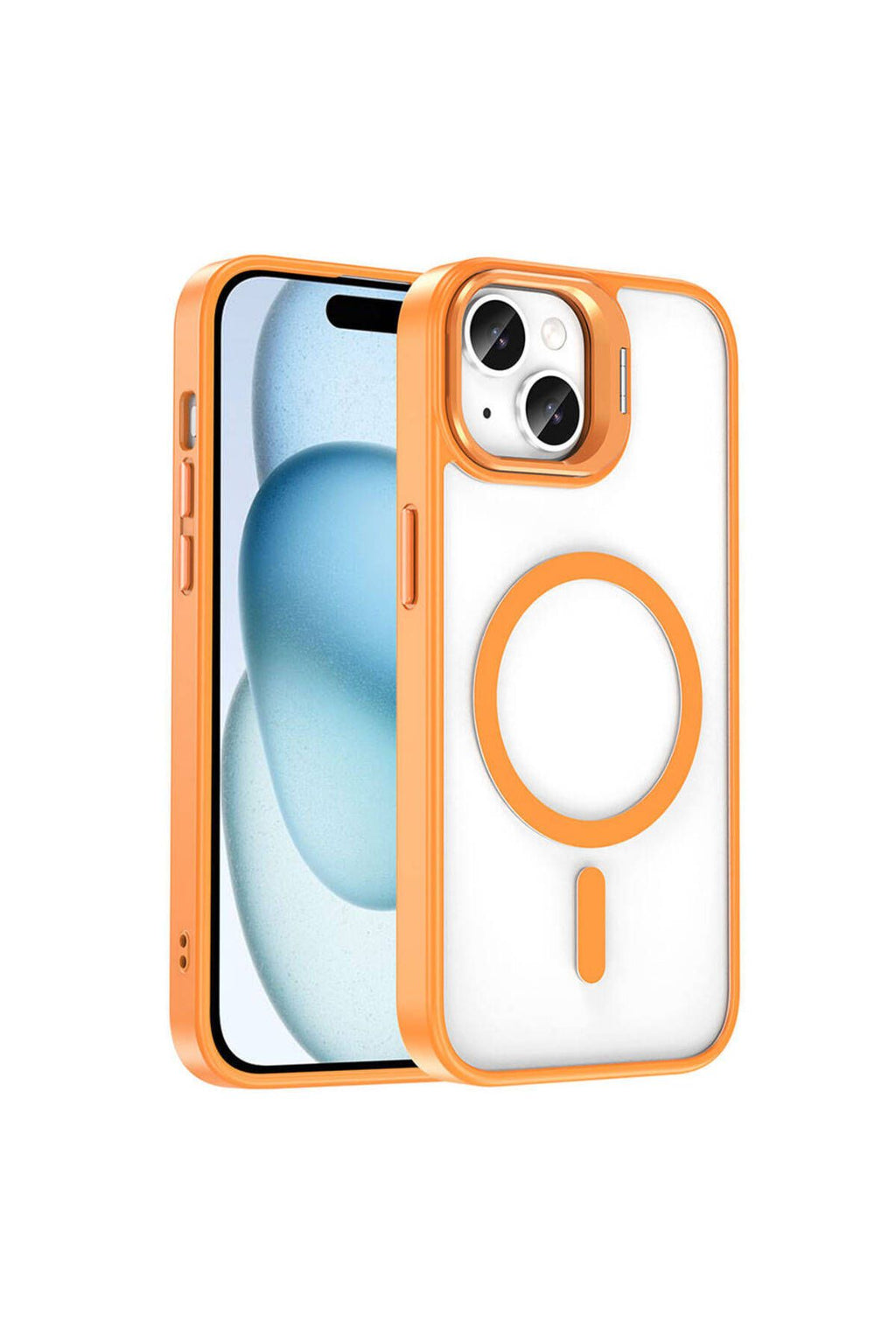 iPhone 14 Uyumlu BTZ Kılıf Magsafe Şarj Özellikli Standlı Zore Magsafe Klon Lensli Kapak-Turuncu