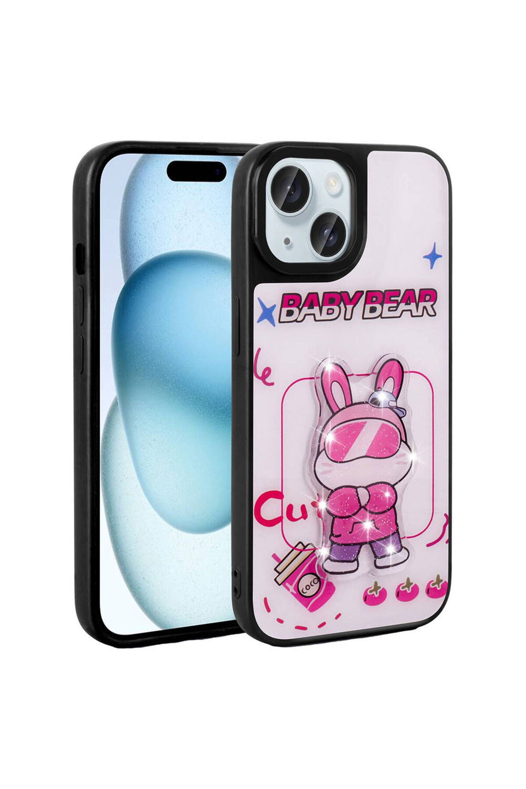 iPhone 15 Kılıf Parlayan Kabartmalı İkonik Figürlü RNTC Amas Silikon Kapak - Beyaz