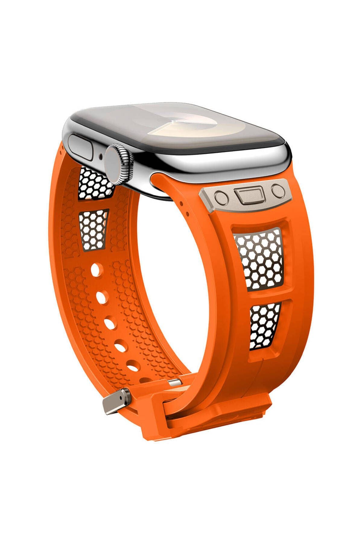 Apple Watch 42mm Zore KRD-117 Hava Alabilen Delikli Metal Süslemeli Desenli Silikon Kordon-Titanyum-