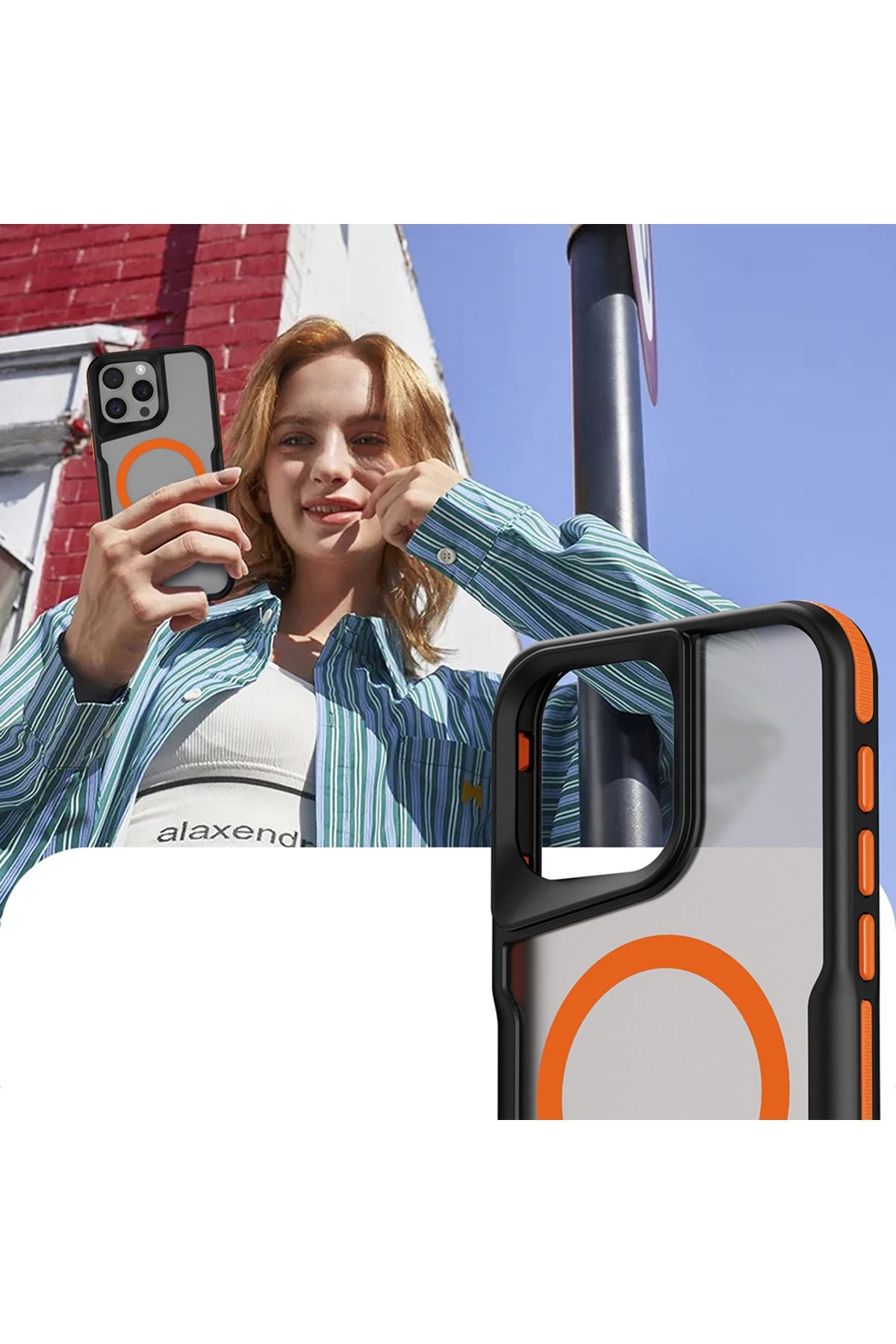 iPhone 15 Pro Uyumlu Magsafe Şarj Özellikli Renkli Kenar Airbag Şeritli Zore Lamer Kapak-Gri