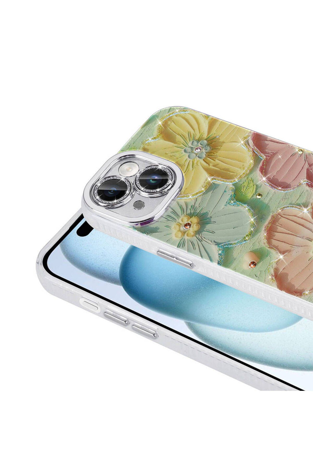 iPhone 15 Uyumlu DSB Kılıf Çiçek Desenli Parlak Taşlı Sert Silikon Zore Garden Kapak-Colorful