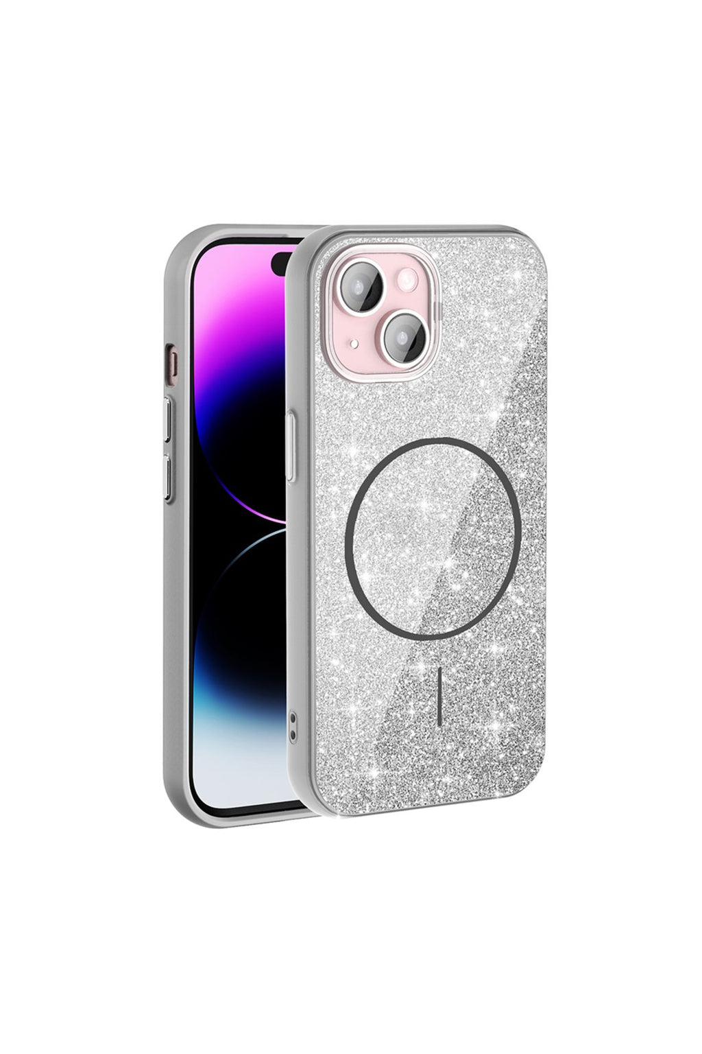 iPhone 15 Kılıf Magsafe Şarj Özellikli Parlayan Simli Zore Okso Kapak - Beyaz