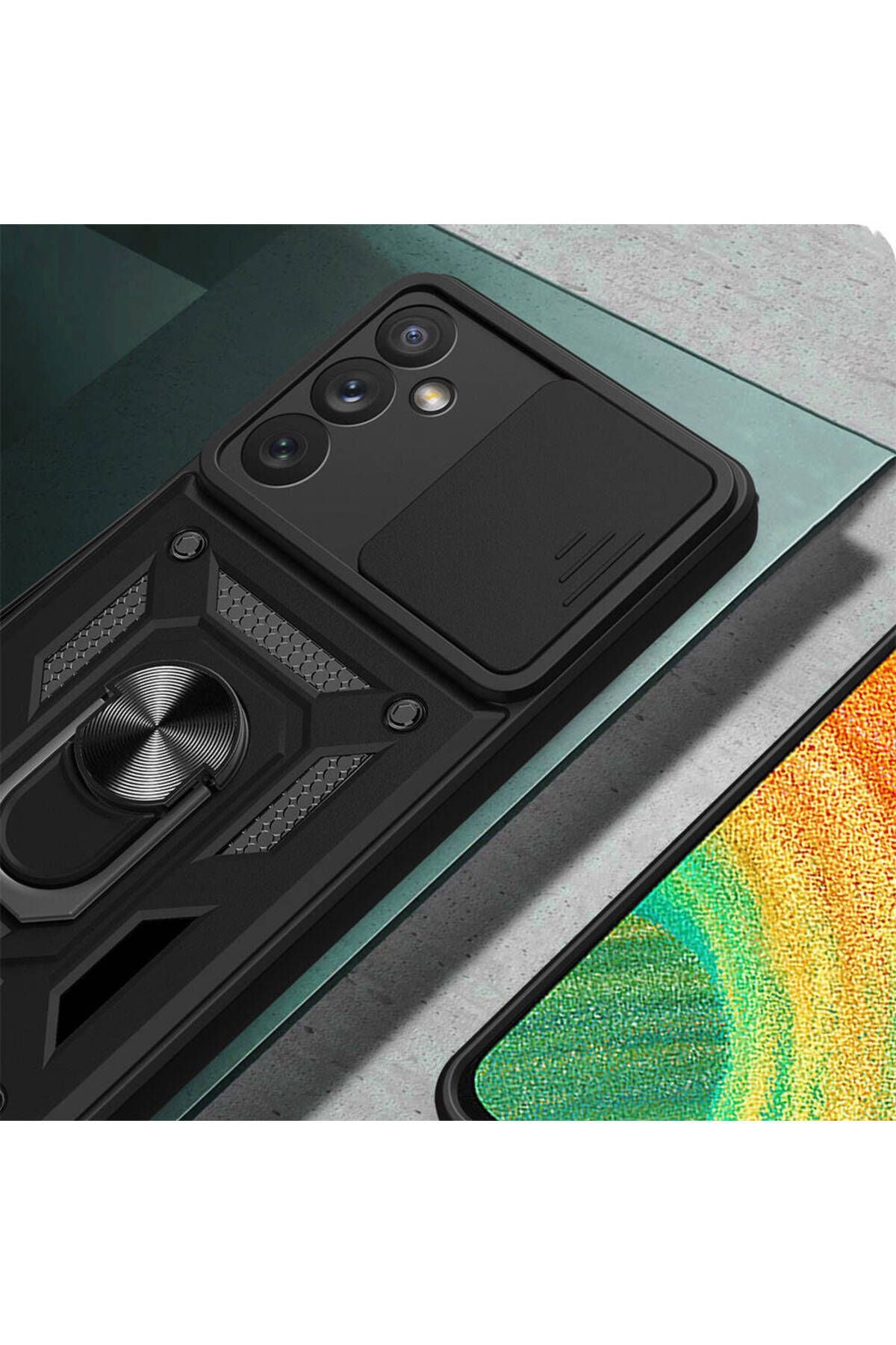 Galaxy A34 Kılıf Magnetik Standlı Kamera Korumalı Zore Sürgülü Vega Kapak - Siyah