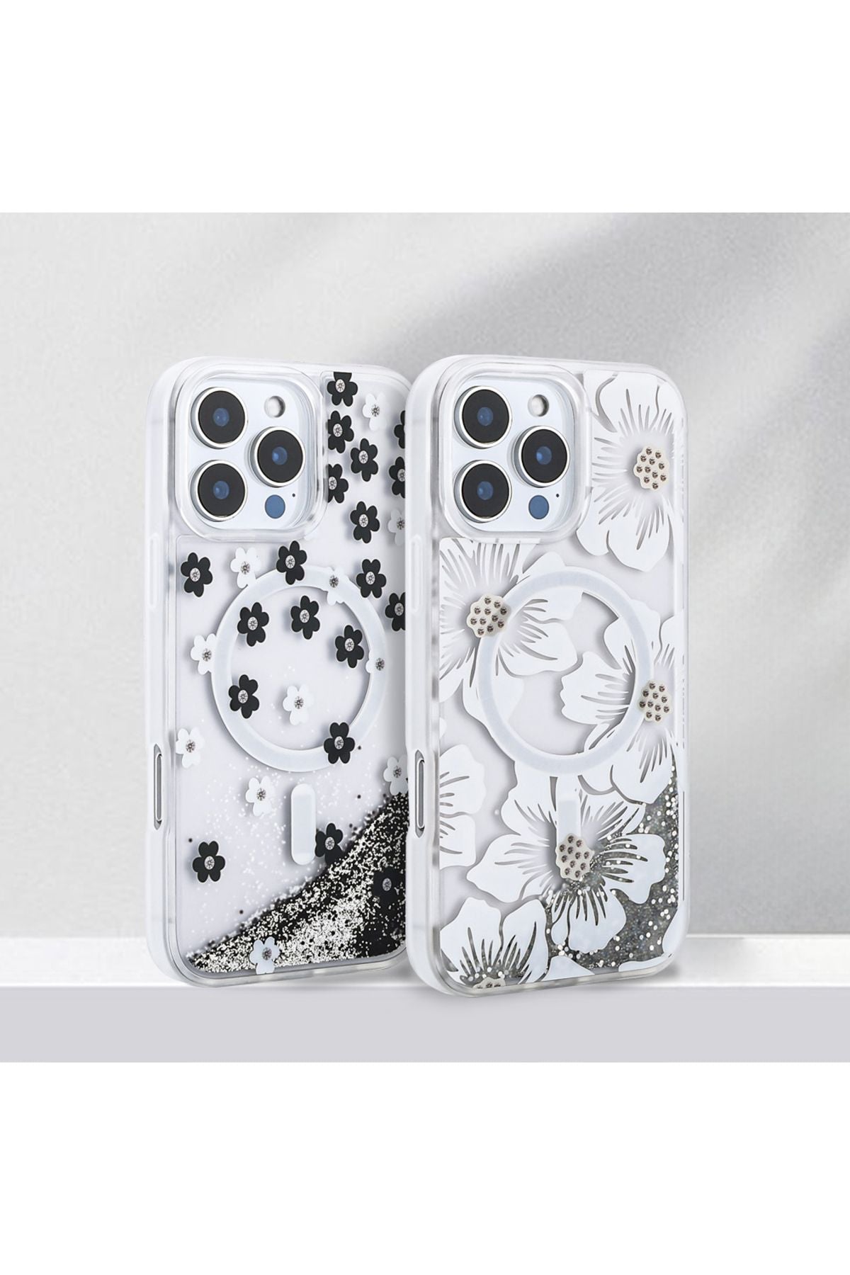 iPhone 16 Pro Max Kılıf Sıvılı Simli Baskılı Şeffaf Arka Yüzey Zore Mossa Silikon Kapak - Gold