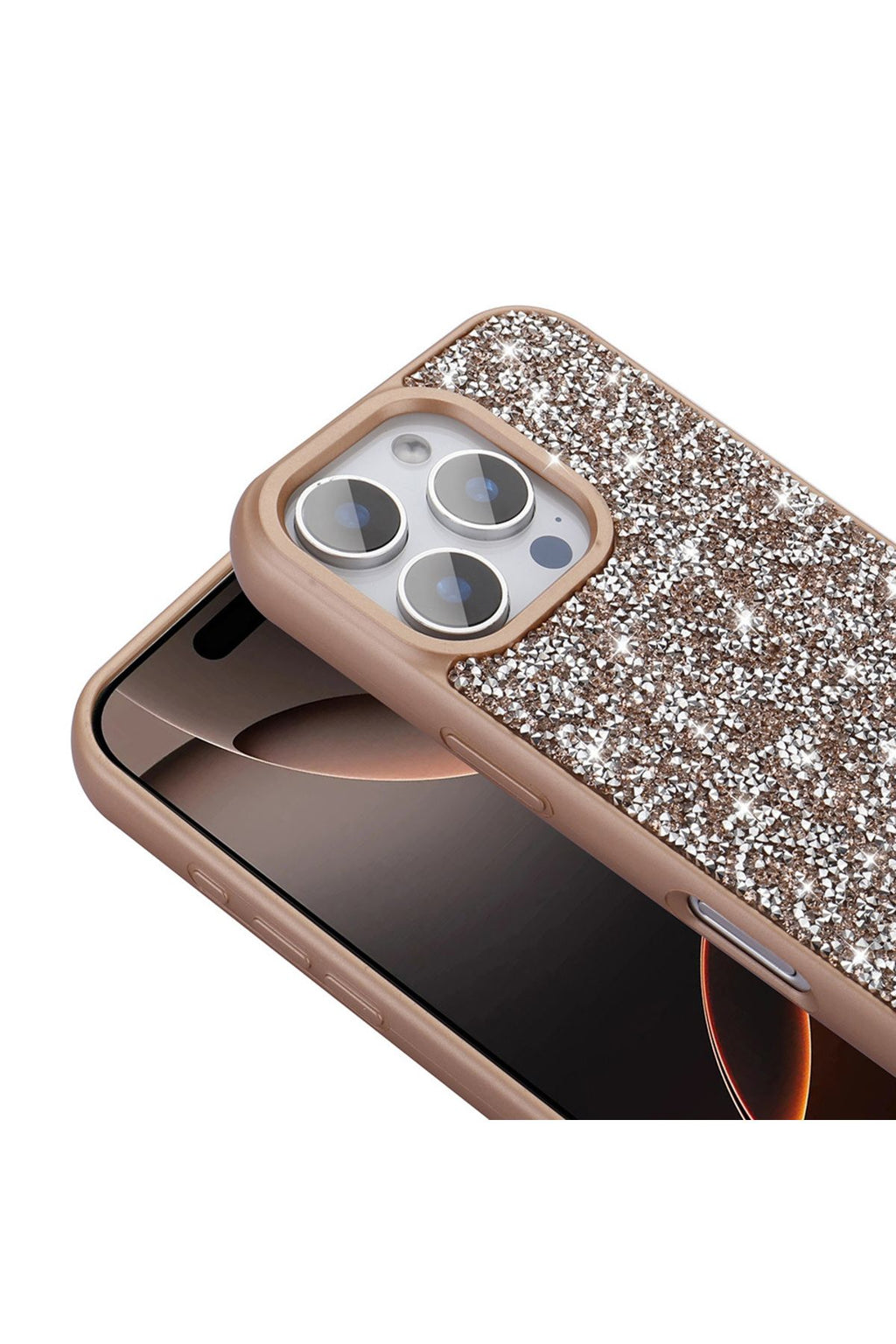 iPhone 16 Pro Max Kılıf Parlak Taşlı Tasarım Zore Pırlanta Kapak - Gold