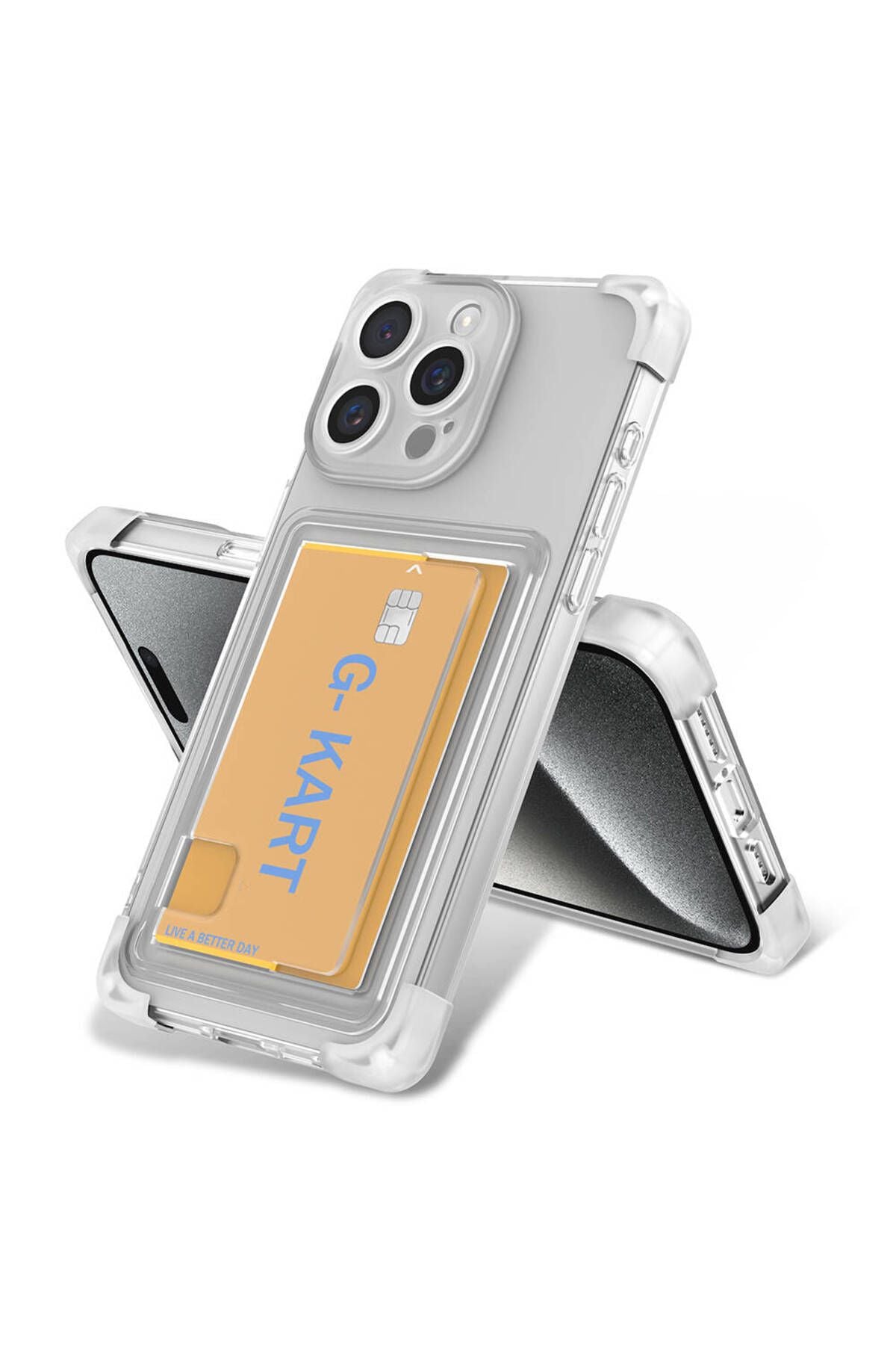 iPhone 15 Pro Max Kılıf Airbag Tasarımlı Şeffaf Kartlıklı TQR G-Kart Kapak - Renksiz