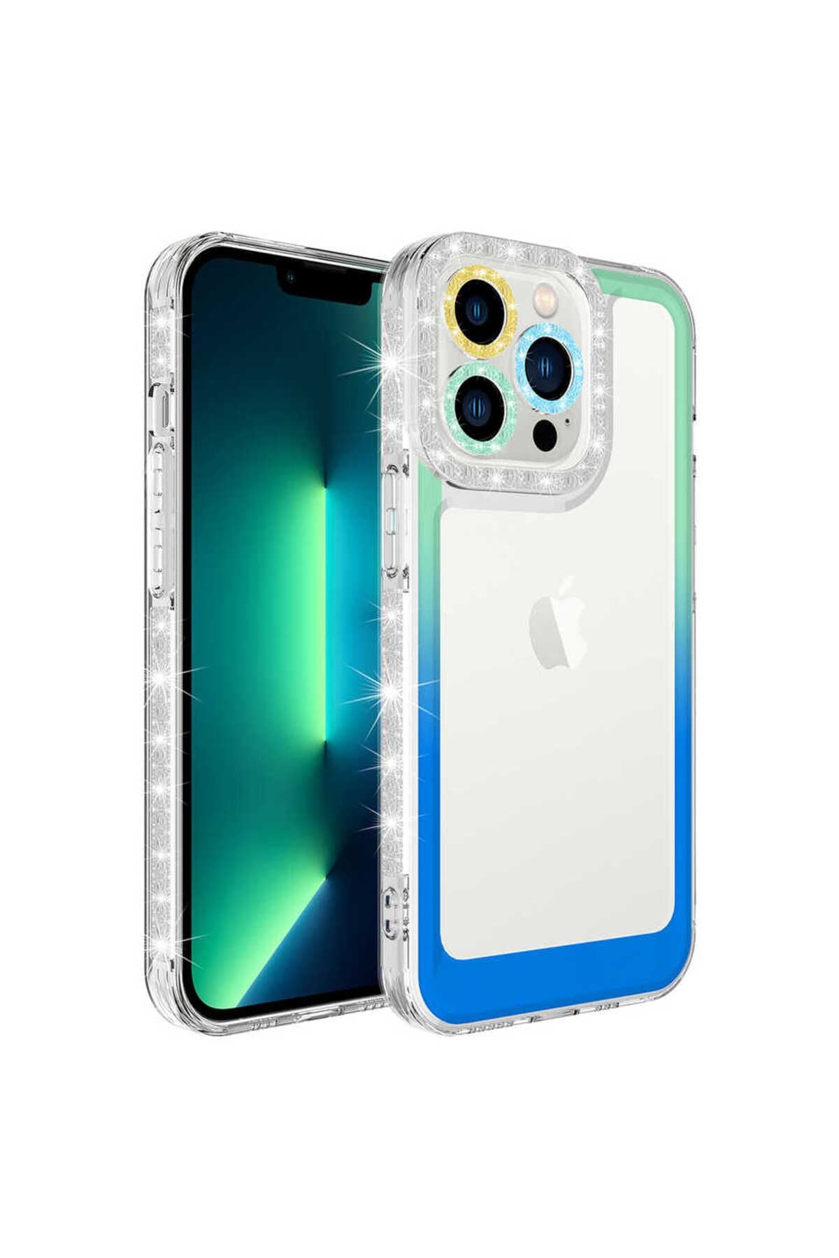 iPhone 14 Pro Uyumlu Simli ve Renk Geçiş Tasarımlı LZore Korumalı Zore Park Kılıf-Pembe-Sarı