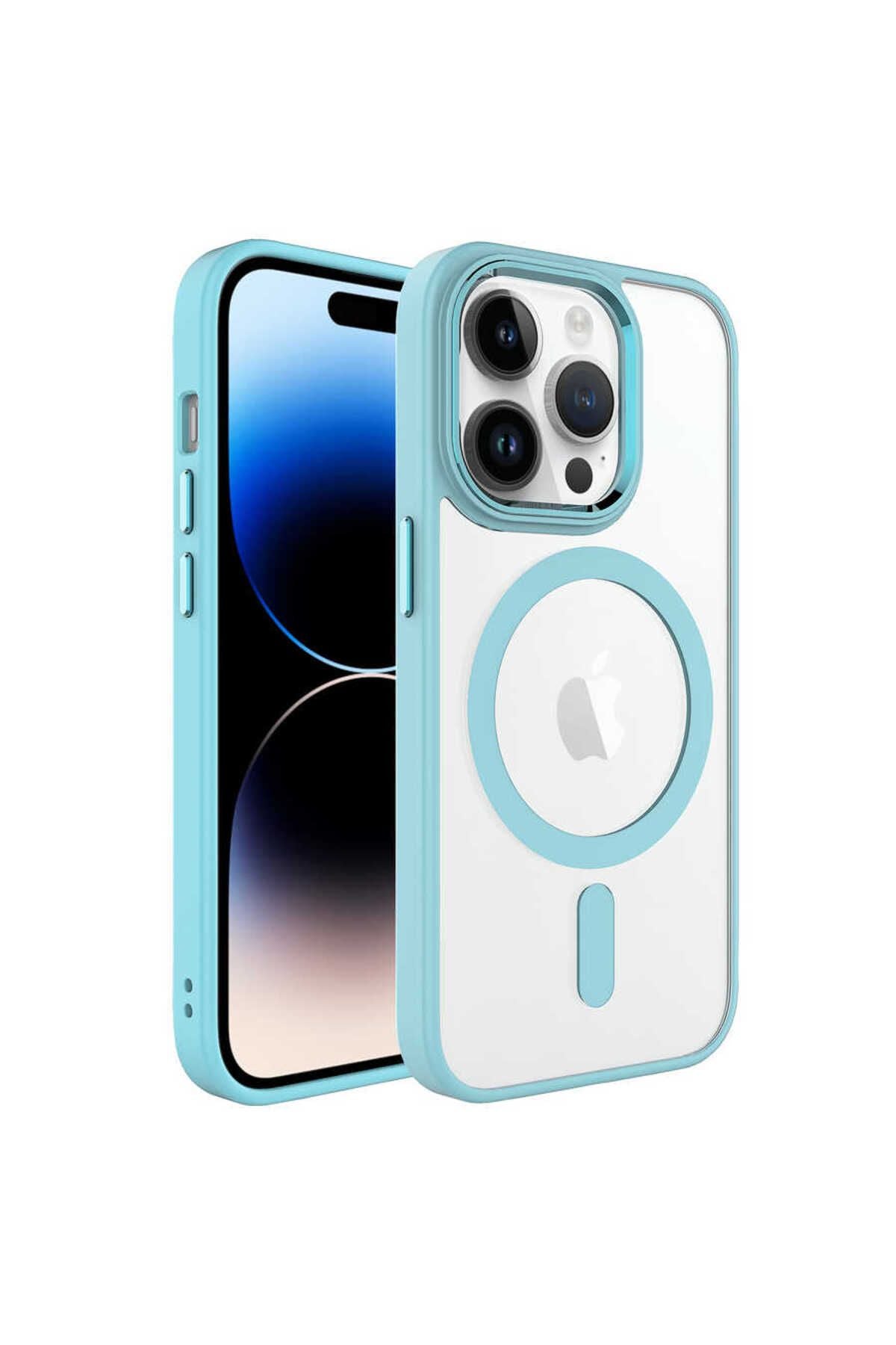 iPhone 14 Pro Uyumlu Wireless Şarj Özellikli Zore Krom Magsafe Silikon Kılıf-Yeşil