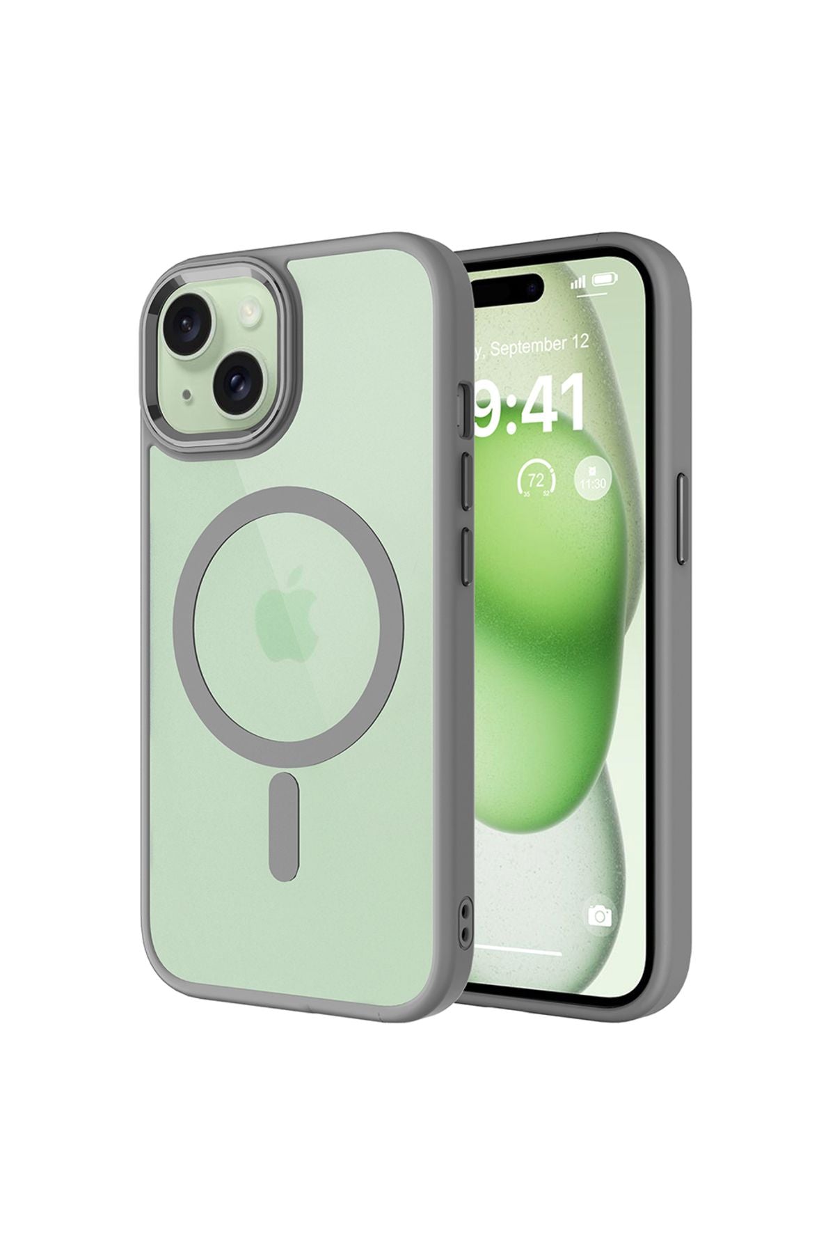 iPhone 15 Kılıf Wireless Şarj Özellikli Zore Krom Magsafe Silikon Kapak - Gri