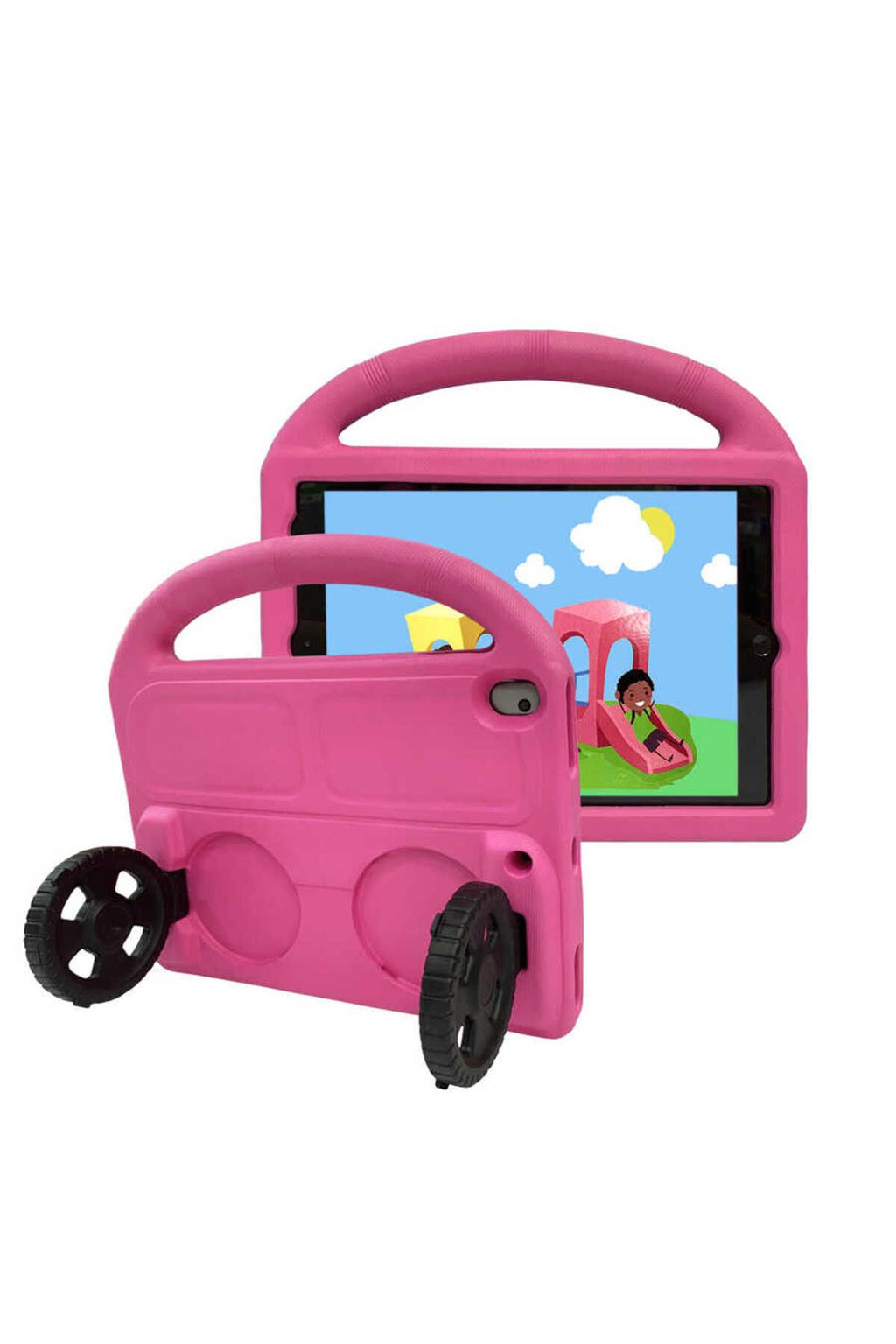 iPad 10.2 (9.Nesil) Zore Wheel Car Tekerlek Standlı Tablet Eva Silikon Kılıf - Pembe Koyu