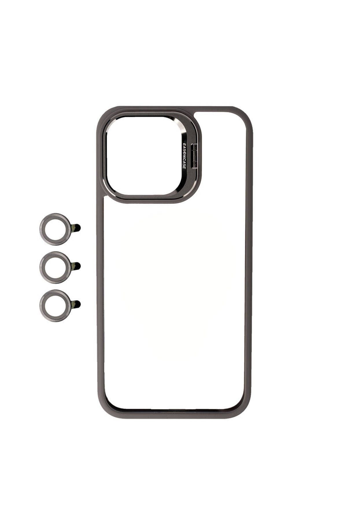 iPhone 15 Pro Uyumlu Kamera LZore Korumalı Standlı Zore Klon LNSM-li Kılıf-Gri