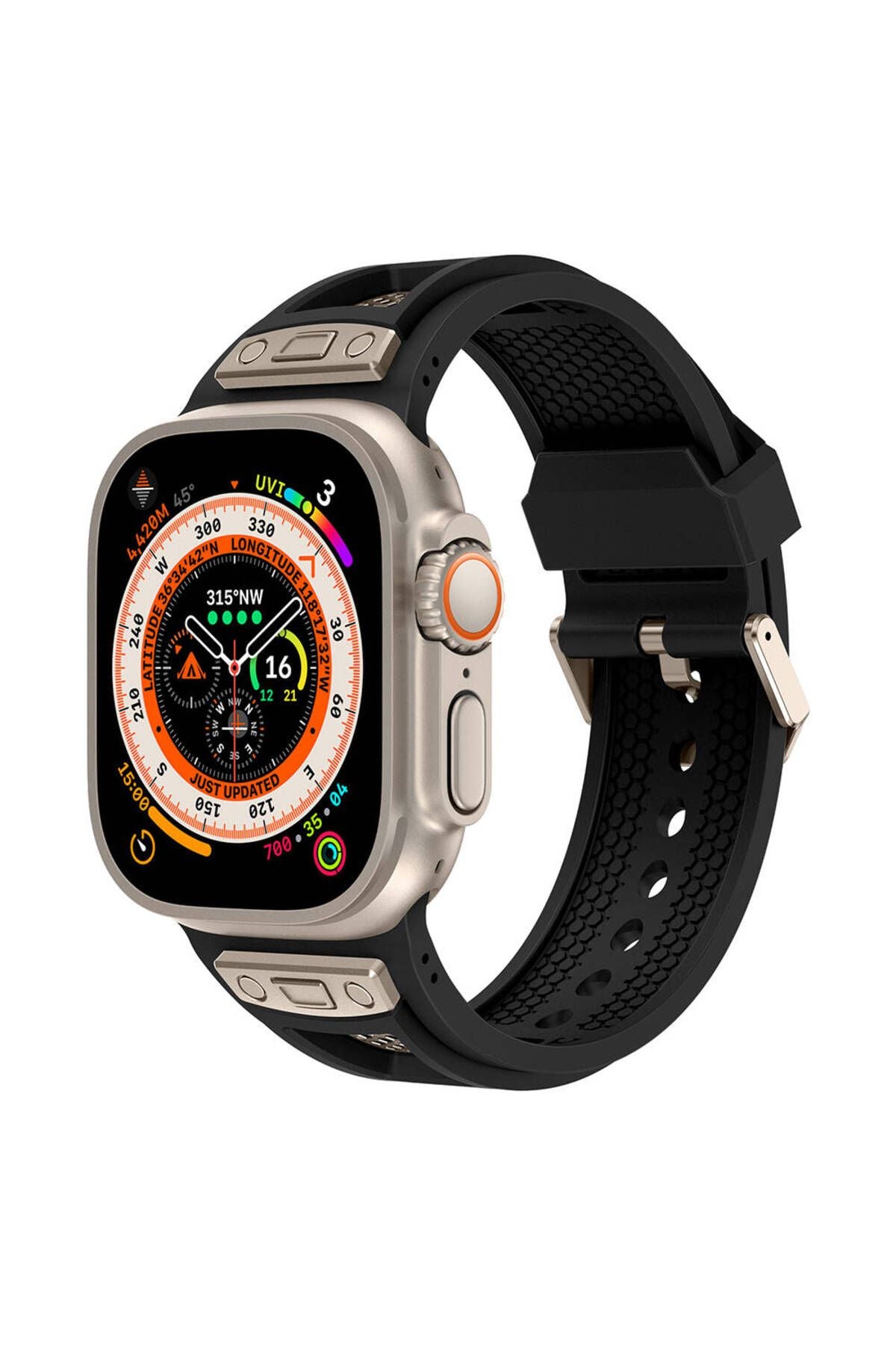 Apple Watch Ultra 49mm Zore KRD-117 Hava Alabilen Delikli Metal Süslemeli Desenli Silikon Kordon-Tit