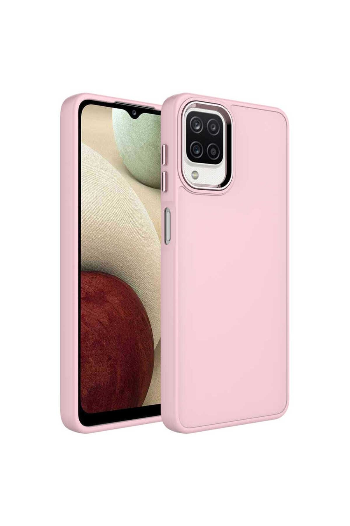 Galaxy A12 Kılıf Metal Çerçeve ve Buton Tasarımlı Silikon Zore Luna Kapak - Pembe