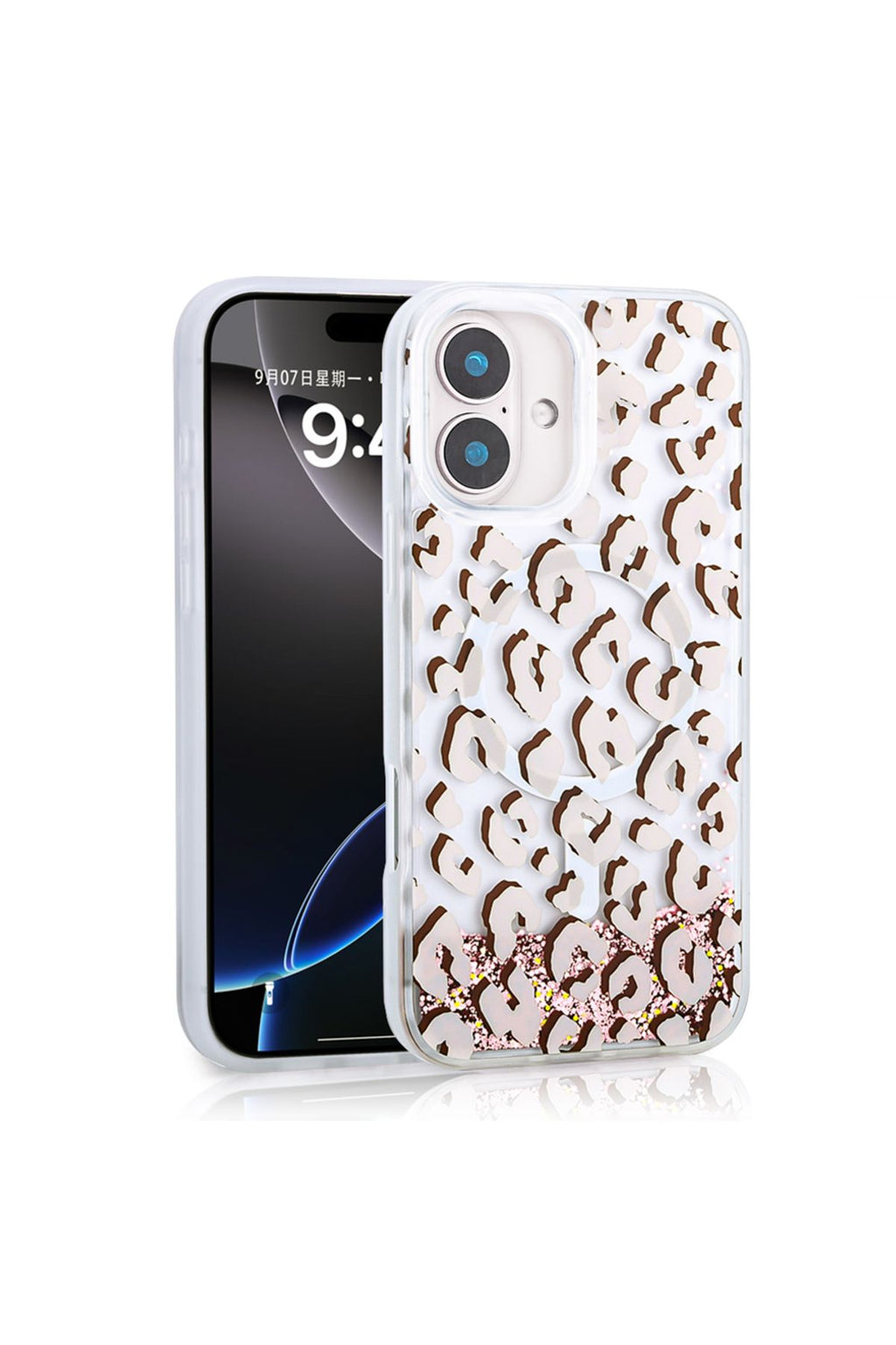 iPhone 16 Kılıf Sıvılı Simli Baskılı Şeffaf Arka Yüzey Zore Mossa Silikon Kapak - Pembe