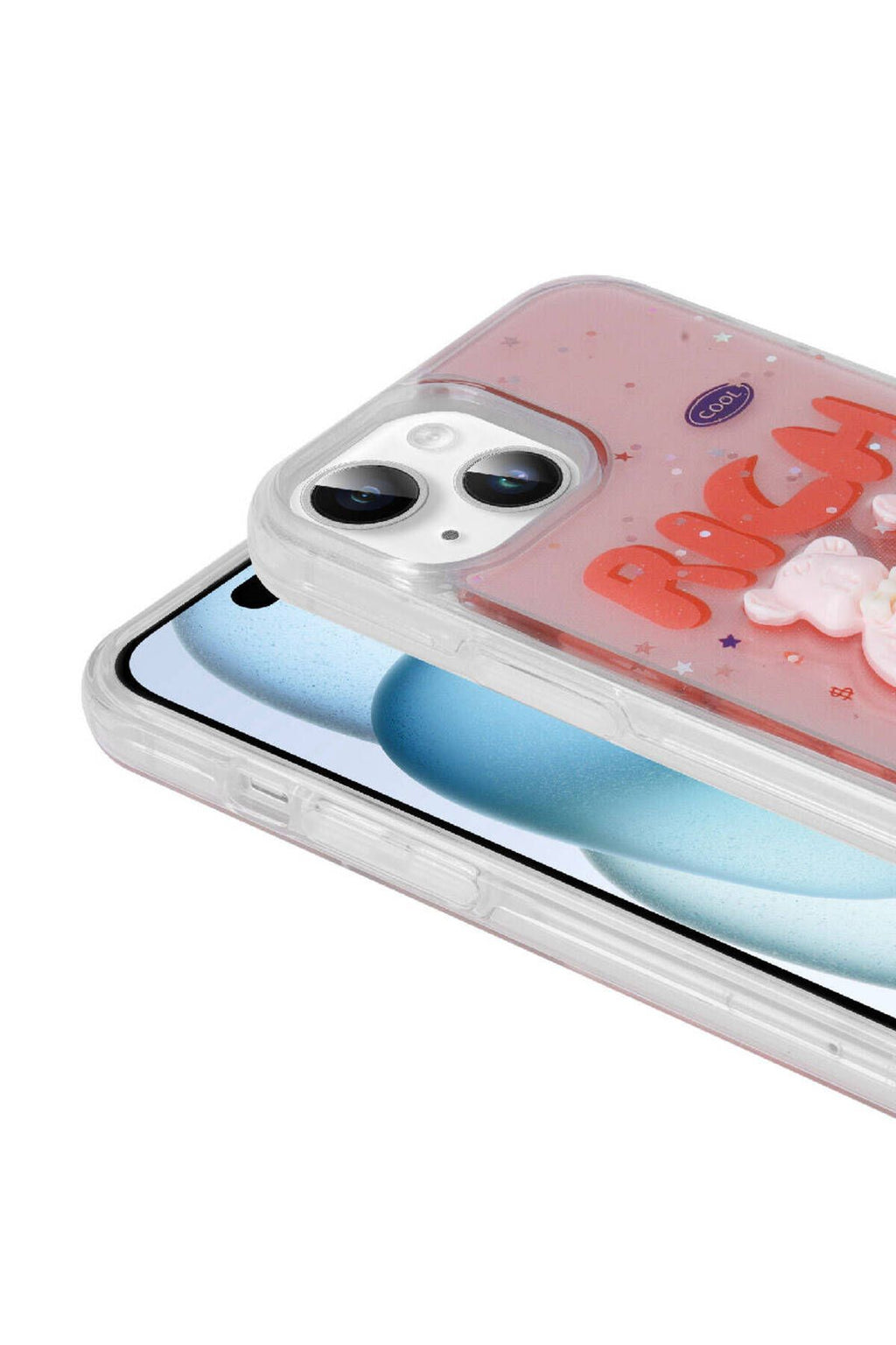 iPhone 15 Uyumlu Kabartma Figürlü Parlak Zore Minimini Silikon Kılıf-Pembe