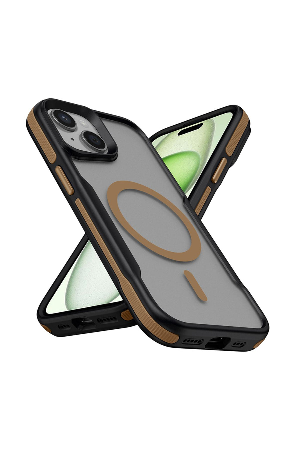 iPhone 14 Uyumlu Magsafe Şarj Özellikli Renkli Kenar Airbag Şeritli Zore Lamer Kapak-Titanyum-Gold