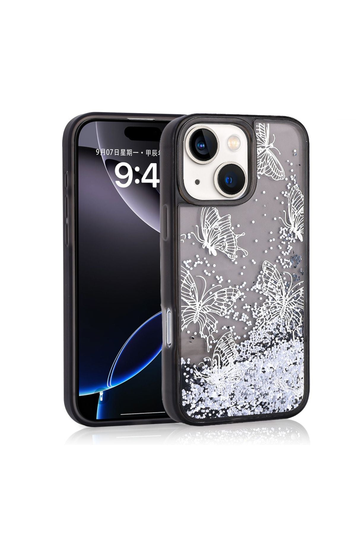 iPhone 15 Kılıf Sıvılı Simli Kelebek Baskılı Şeffaf Arka Yüzey Zore Glis Silikon Kapak - Siyah