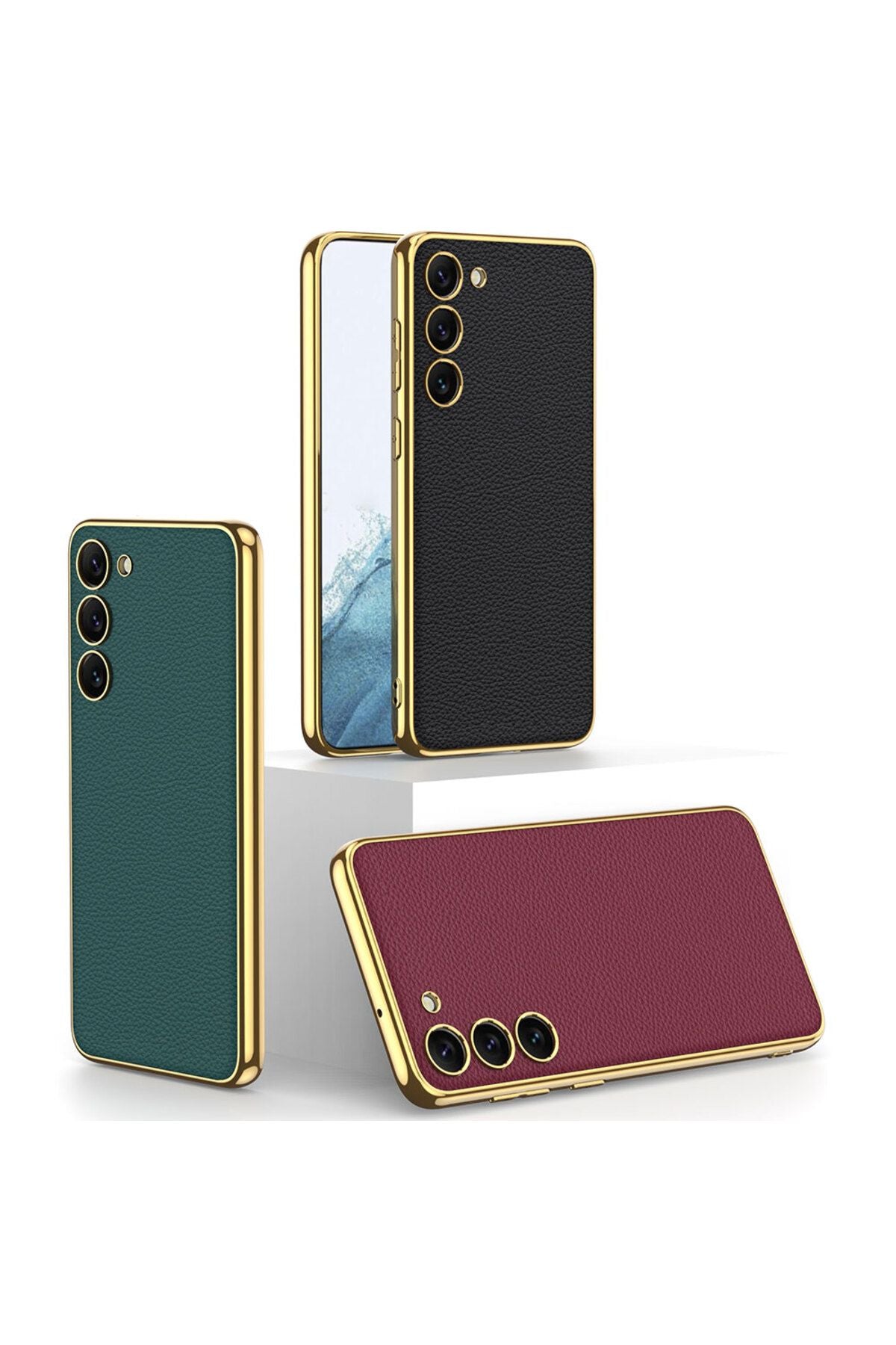 Galaxy S23 Uyumlu Deri Görünümlü Kenarları Elektroplating Kaplama Zore Fizyon Kılıf-Pembe