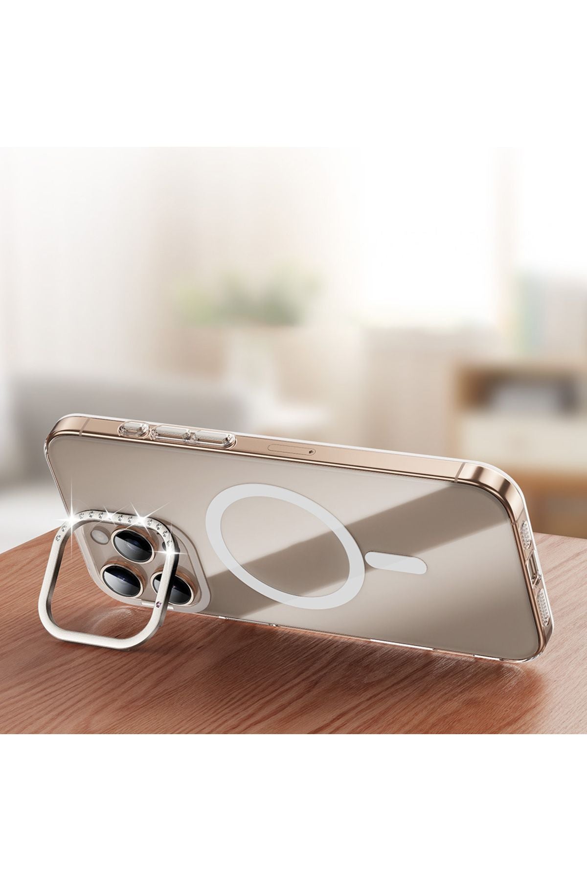 iPhone 16 Pro Max Kılıf Magsafe Şarj Özellikli Kamera Standlı Zore Estop Kapak-Gold uyumlu