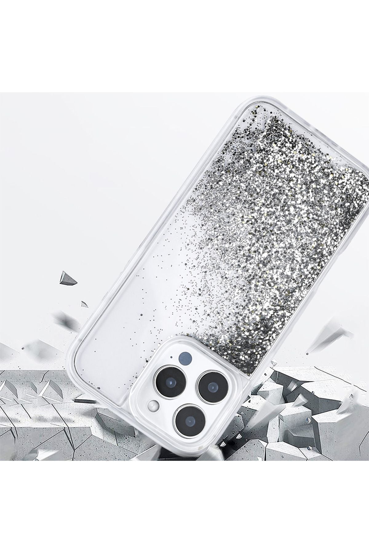 iPhone 16 Pro Uyumlu Kılıf Sıvılı Simli Şeffaf Arka Yüzey Zore Keto Silikon Kapak-Gümüş