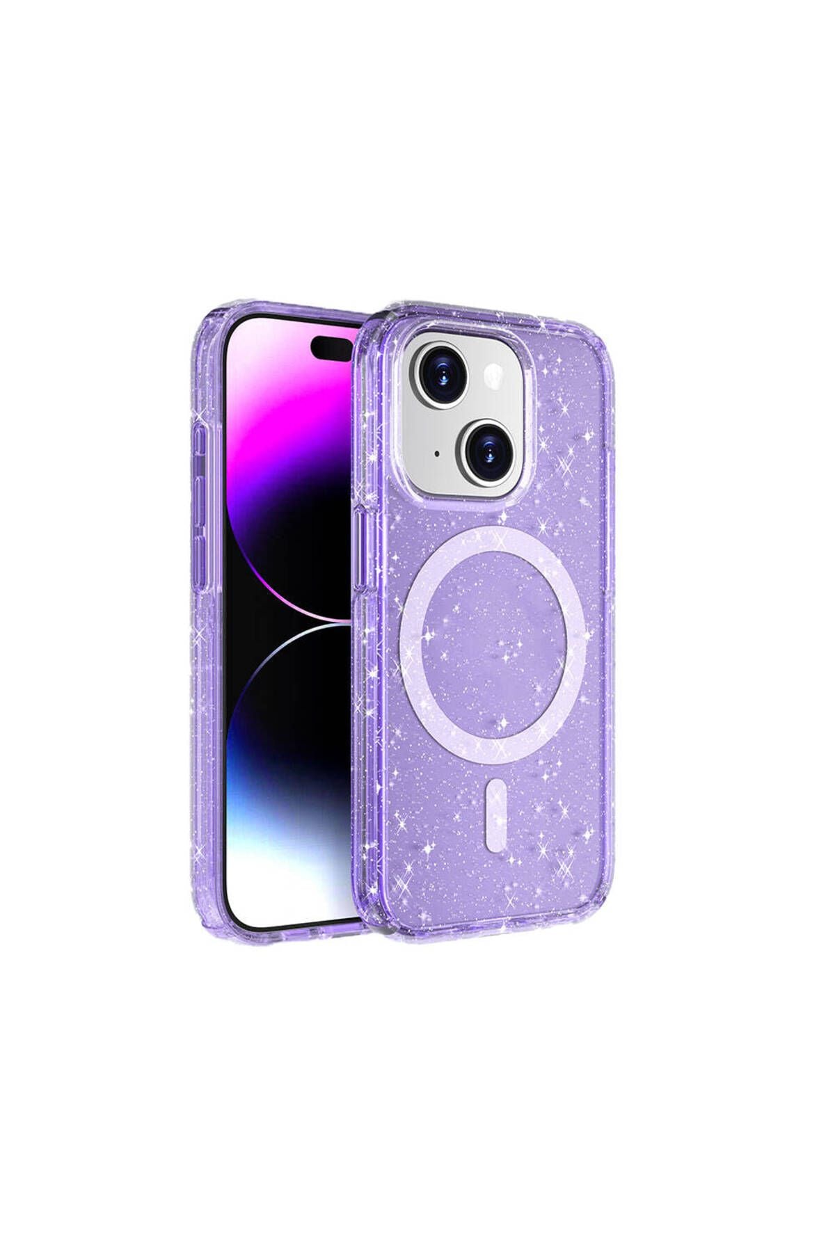 iPhone 15 Plus Kılıf Magsafe Şarj Özellikli Parlayan Simli Saydam Renkli Zore Allstar Kapak - Mor