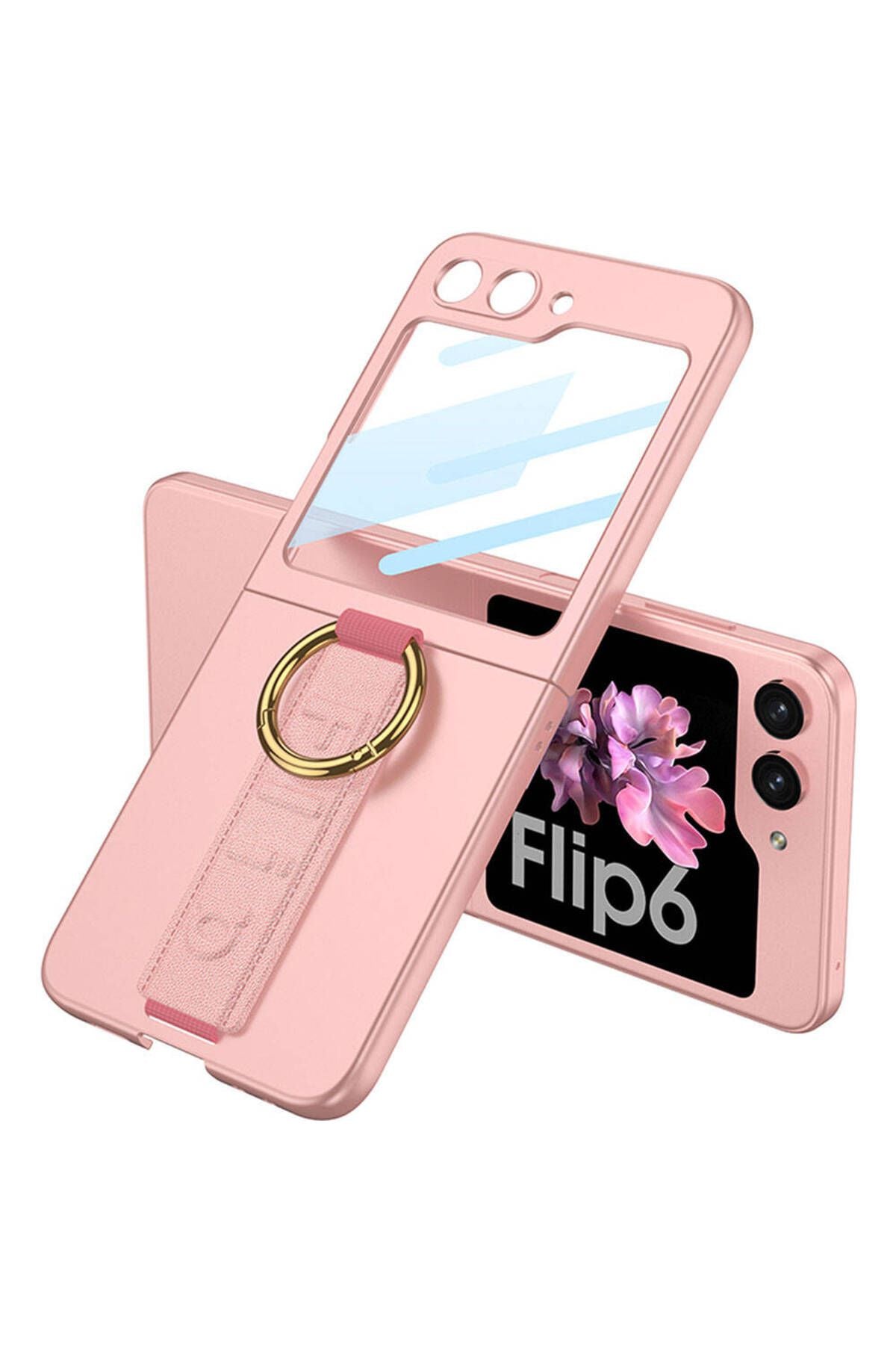 Galaxy Z Flip 6 Kılıf Kamera Korumalı Yüzüklü Zore Flip Ring Kıpta Kapak-Pembe