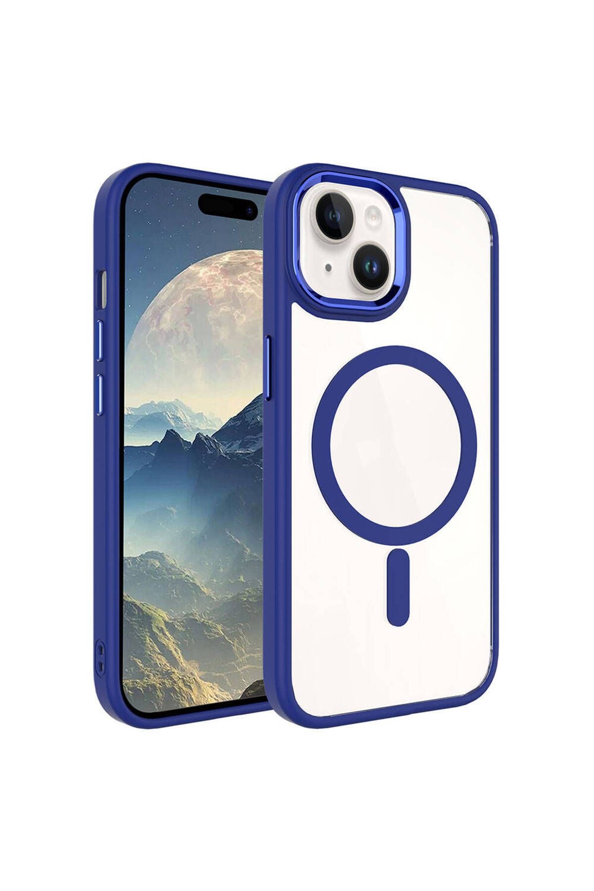 iPhone 15 Plus Uyumlu Wireless Şarj Özellikli Zore Krom Magsafe Silikon Kılıf-Mavi