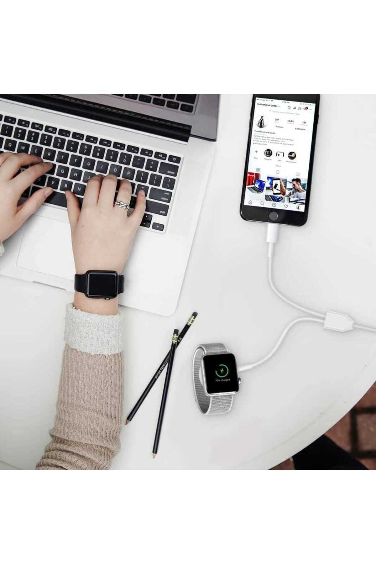 Beyaz Akıllı Saat Wireless Uyumlu  To Lightning Type-C Şarj Kablosu 1.2m-Zore