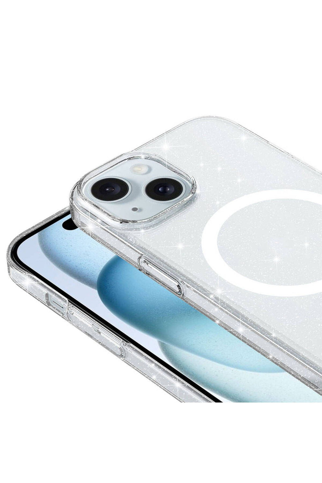 iPhone 15 Kılıf Zore Magsafe Şarj Özellikli Simli Şeffaf Arka Yüzey Erdos Silikon Kapak - Renksiz