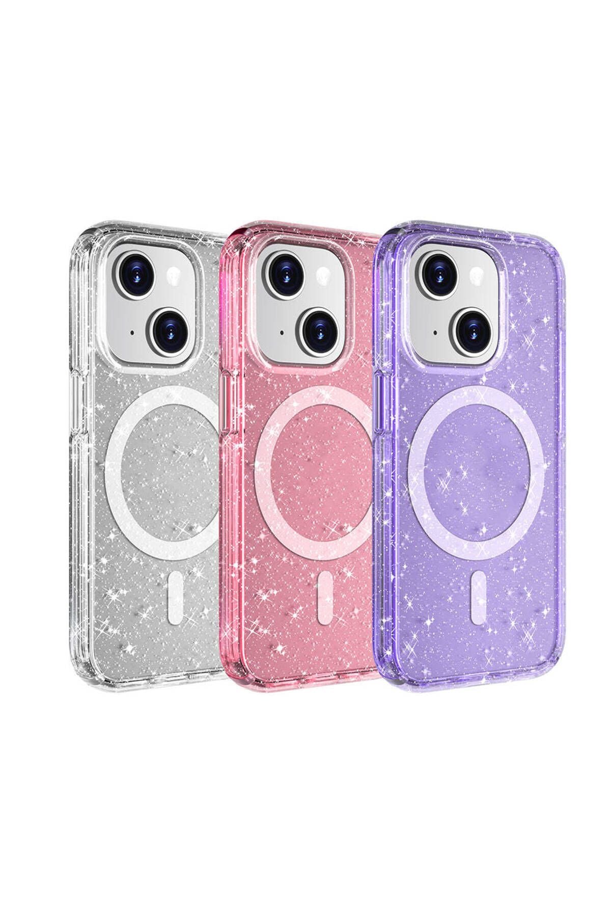 iPhone 15 Plus Kılıf Magsafe Şarj Özellikli Parlayan Simli Saydam Renkli Zore Allstar Kapak - Mor