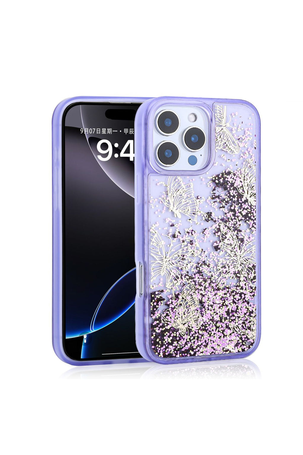 iPhone 16 Pro Kılıf Sıvılı Simli Kelebek Baskılı Şeffaf Arka Yüzey Zore Glis Silikon Kapak - Pembe